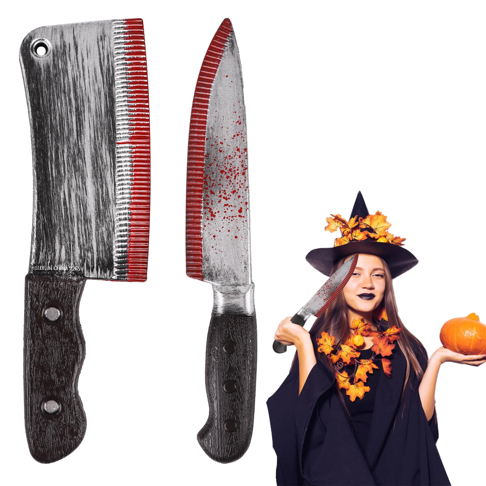 VEYLIN Halloween Costume Prop Knife, Fake Bloody Knife and Cleaver Set, Realistic Plastic Halloween Costume Props, Horror Party Accessories, 2 Pieces