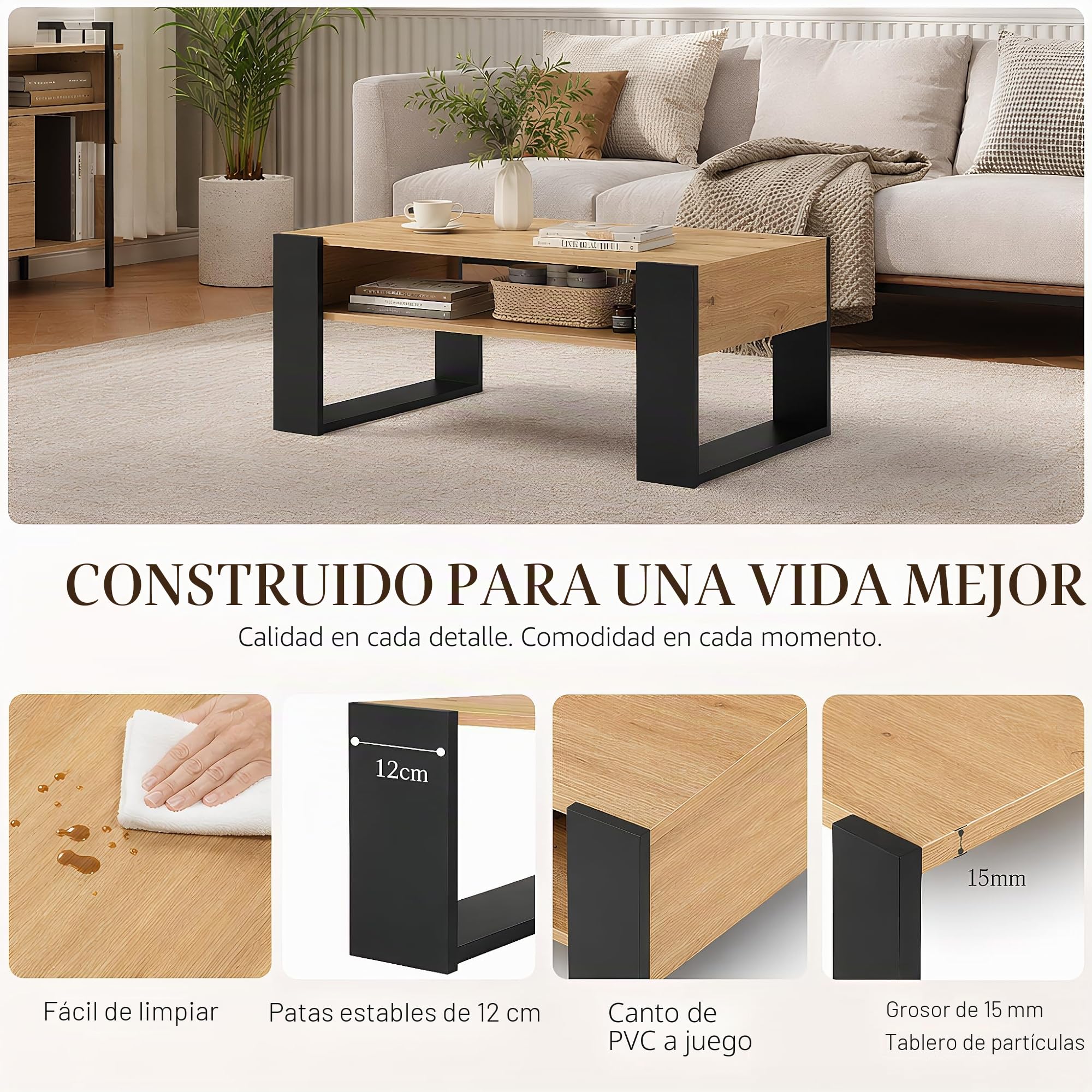 Mesa de Centro con LED y Espacio de Almacenamiento, Mesa de Salón de Madera, Moderna Mesa Baja Salon con Patas en Forma de U, para Salón, Rectangular, 92 x 47 x 45 cm, Madera y Negro