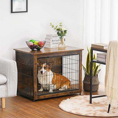 Miniatura 2 de DWANTON Mueble de jaula para perros con cojín, mesa de perrera de madera con puertas dobles, casa de perro de interior, tamaño mediano, 32.5