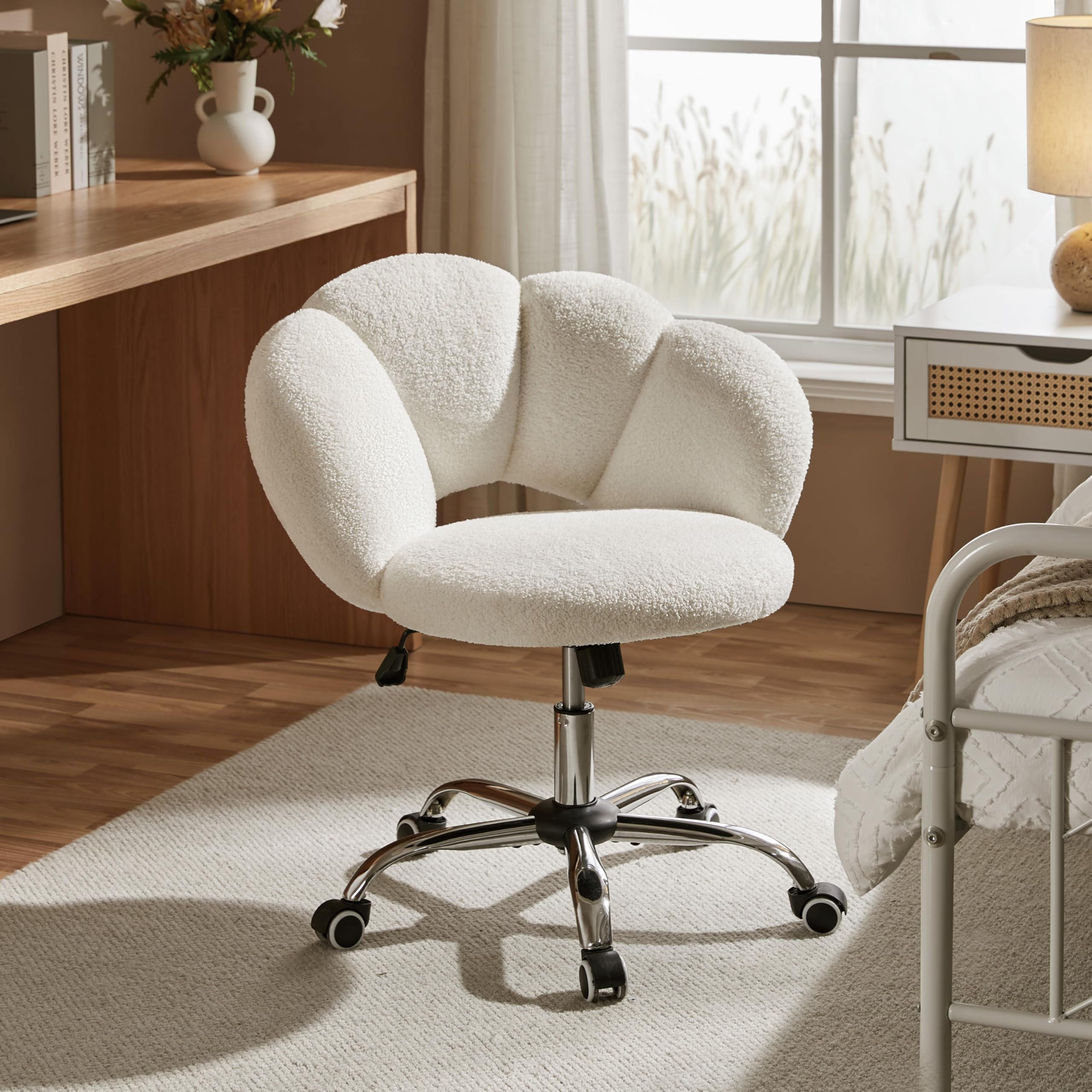 Yaheetech Chaise de Bureau Coiffeuse Pivotante avec Dossier Confort en Nuage Hauteur réglable Fauteuil Maquillage Respirant pour Bureau, Salon, Chambre Capacité 136 kg Blanc Bouclé