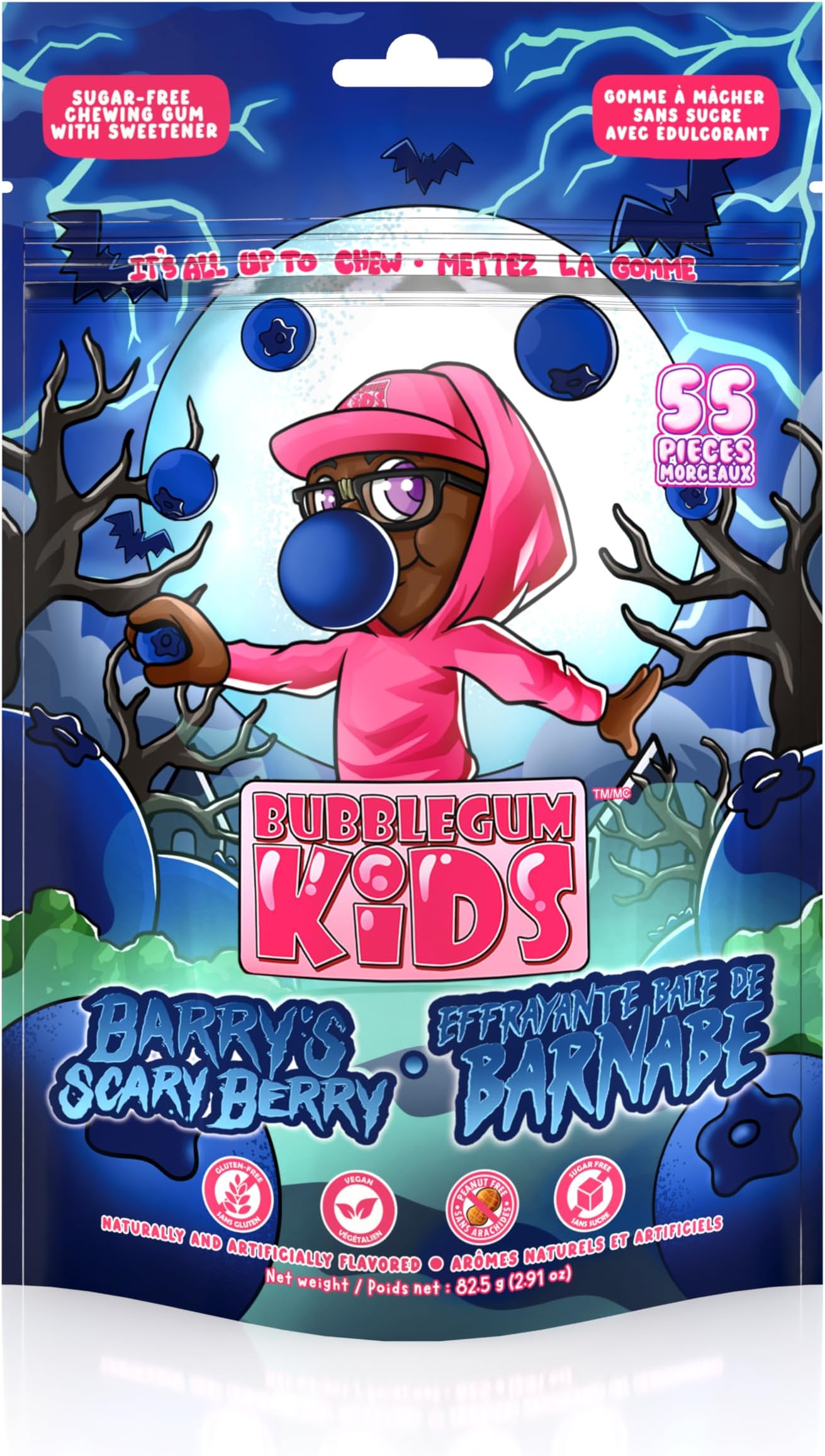 Barry’s Scary Berry Sugar Free Gum | Blueberry Flavor Sugarless Gum with Xylitol | Vegan, Low Calorie Candy Alternative for Kids & Adults | Resealable Bag, 55 Pieces Per Pack, 1 Pack