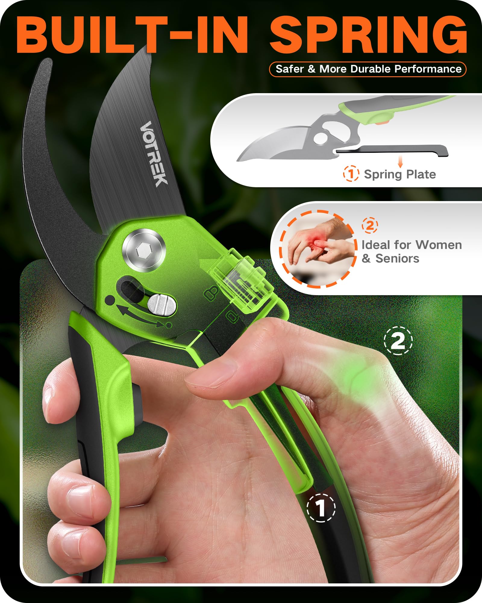 VOTREK Bypass Secateurs for Small Hands with Continuously Adjustable Grip, SK5 Steel Blade & Sealed Spring–21.5cm Professional Pruning Shears for Rose, Branch, Plant, Garden Pruner Scissor Hedge Shear — view 7