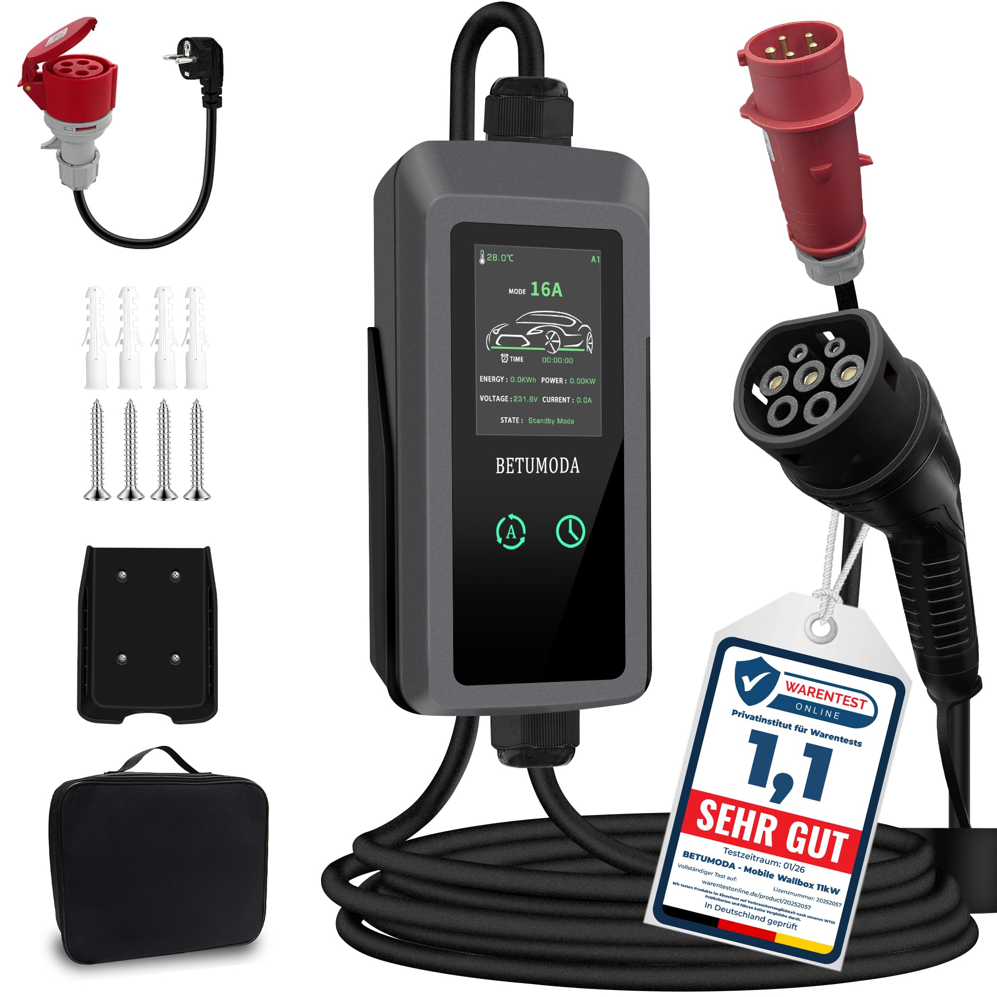 Mobile Wallbox/Ladestation 11kW [3-Phasig, 5.5m, Einstellbare Ladeleistung] CEE 8-16A auf Typ 2 EV Ladegerät mit Flexibler Ladeleistung für Elektroautos Tesla Model 3/Y, VW ID.3/4/5 & andere EV