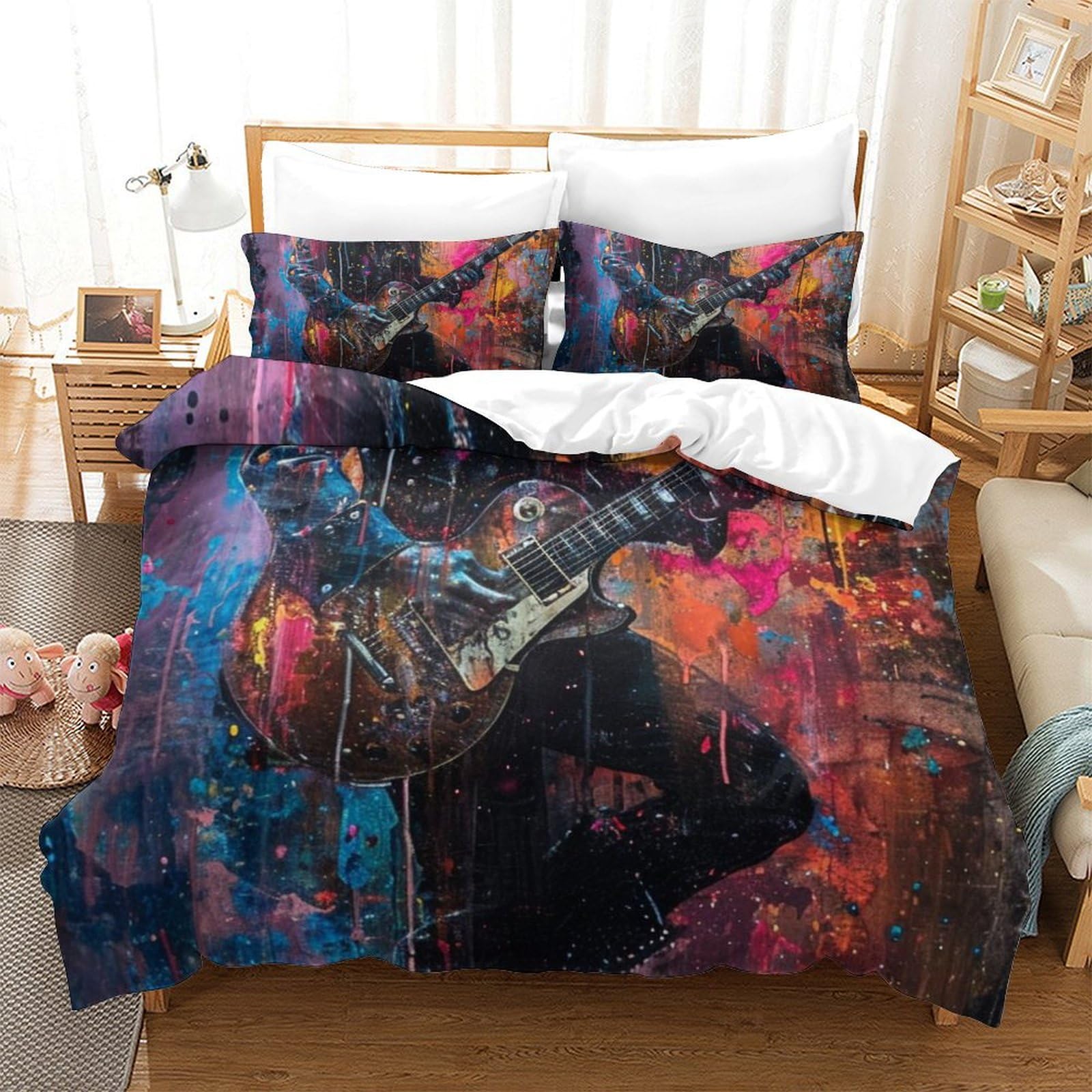 Parure de lit guitare 3D anti-plis et thermorégulatrice, housse de couette 260x220 microfibre