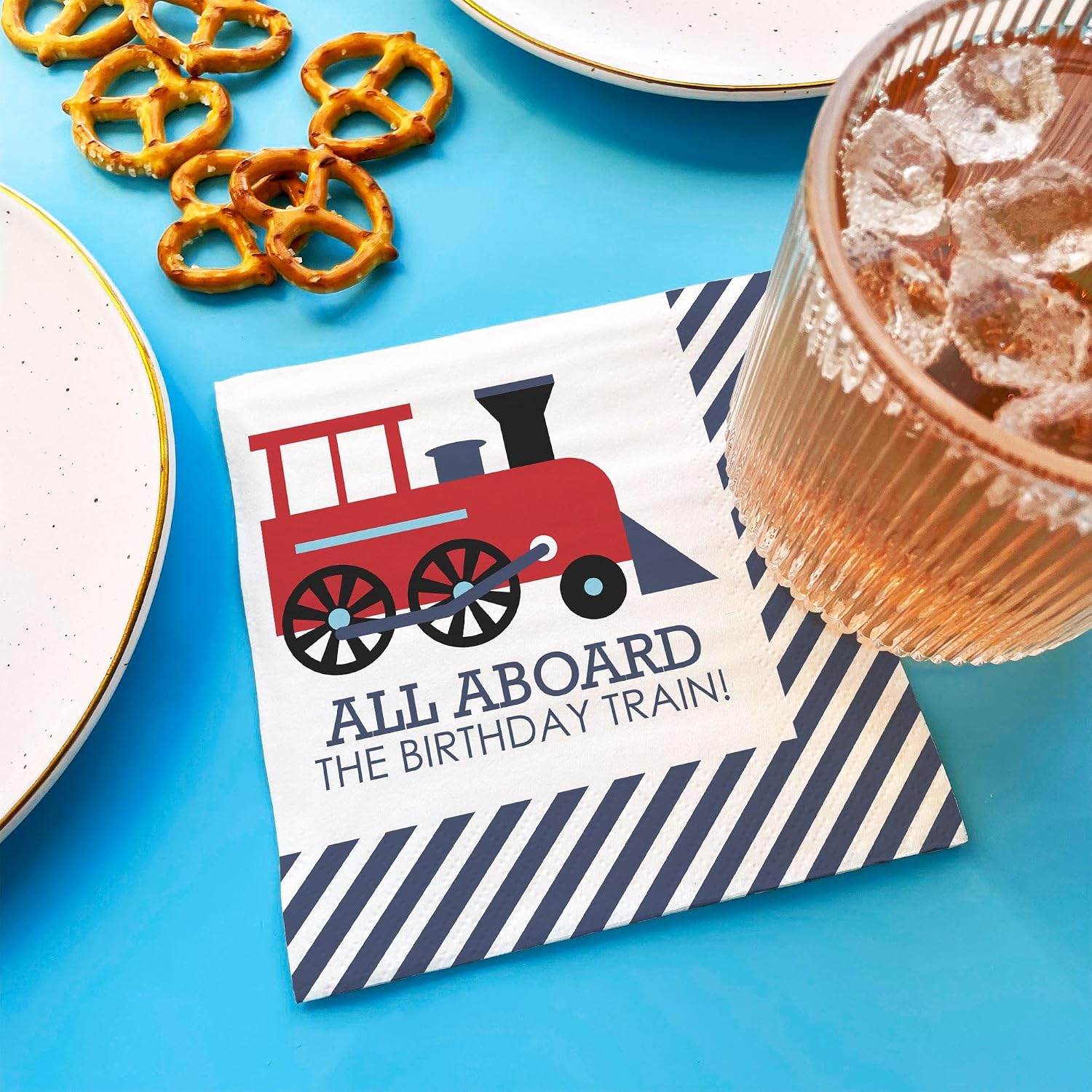 Big Dot of Happiness Personalized Train Napkins, Custom Railroad Party Crossing Birthday Party or Baby Shower Decor, White 3-Ply Paper Beverage Napkins - 50 Count