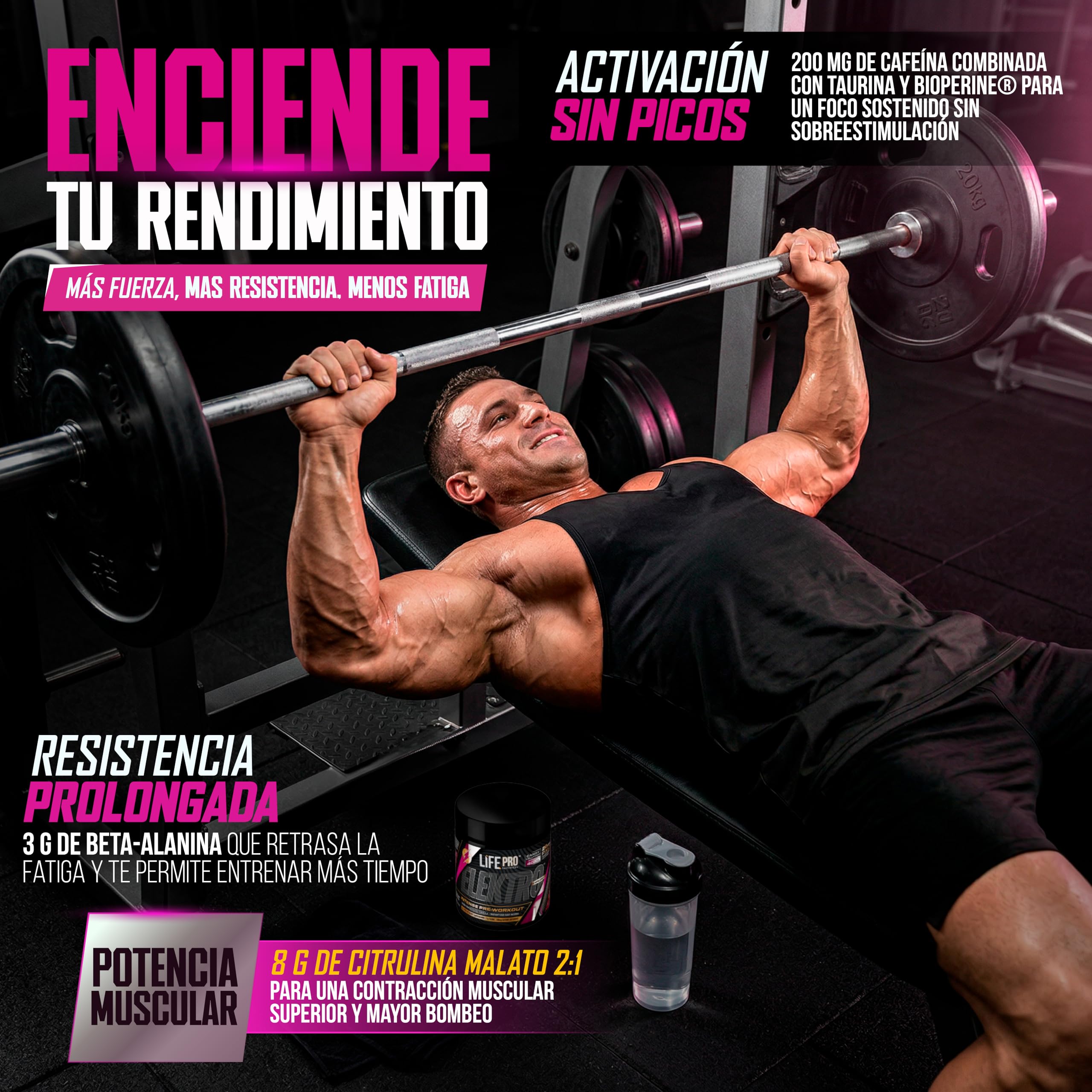 Pre Entreno Life Pro Elektro 400g - Pre Workout Potente con Citrulina Malato 8000mg, Beta Alanina 3000mg, Taurina 1500mg y Cafeína 200mg, Preentreno para Energía, Bombeo y Rendimiento | Sabor Lollipop