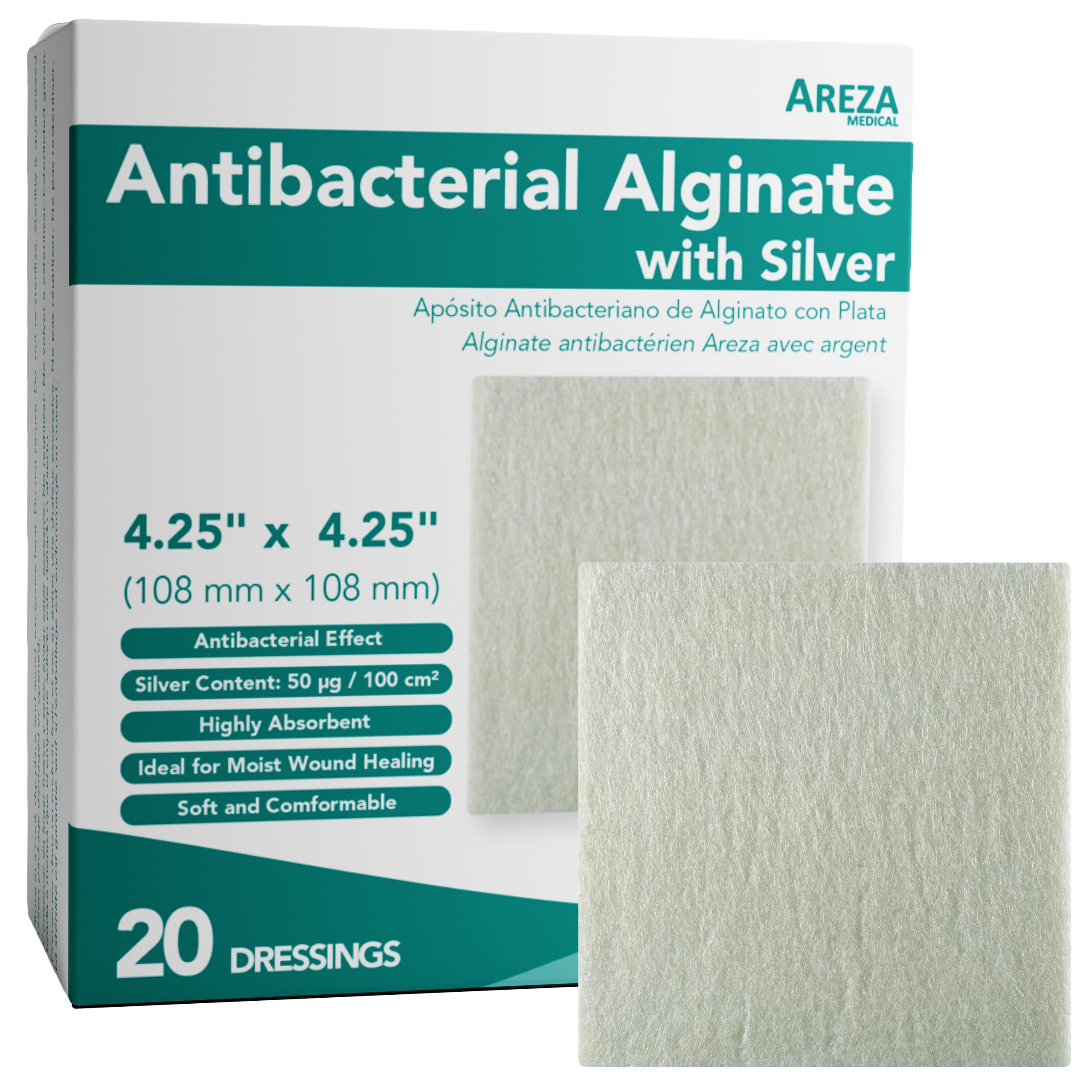 Amazon.com: Areza Silver Calcium Alginate Antibacterial Wound Dressing Pads   Sterile, Non-Stick, Highly Absorbent; for Wound Drainage & Infection Risk  (4.254.25, 20-Pack per Box), 1 Box : Everything Else