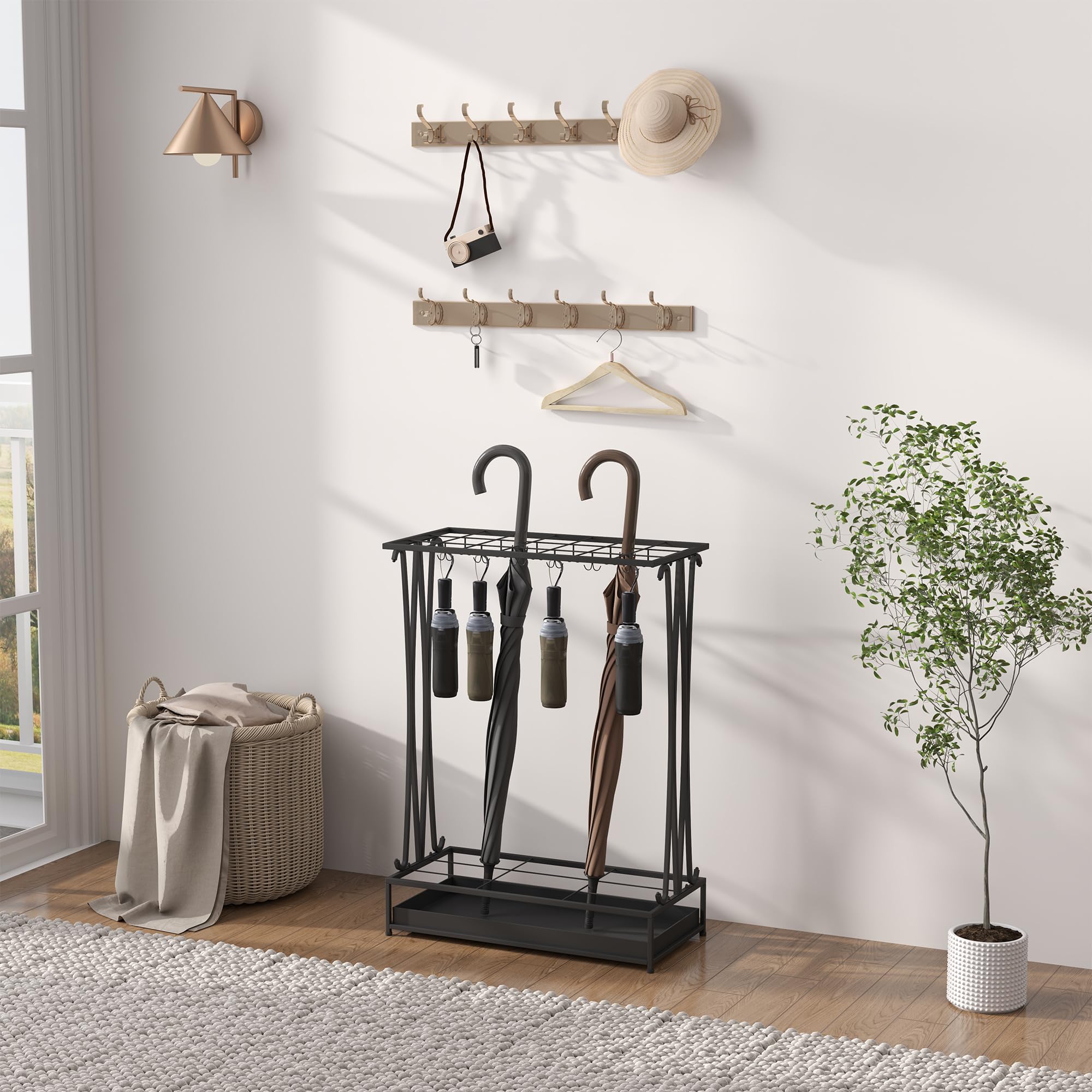 HOMCOM Paragüero Moderno Rectangular Soporte Paraguas Acero 24 Ganchos 21 Espacios Bandeja Recogegotas Extraíble 50x24x68 cm Negro
