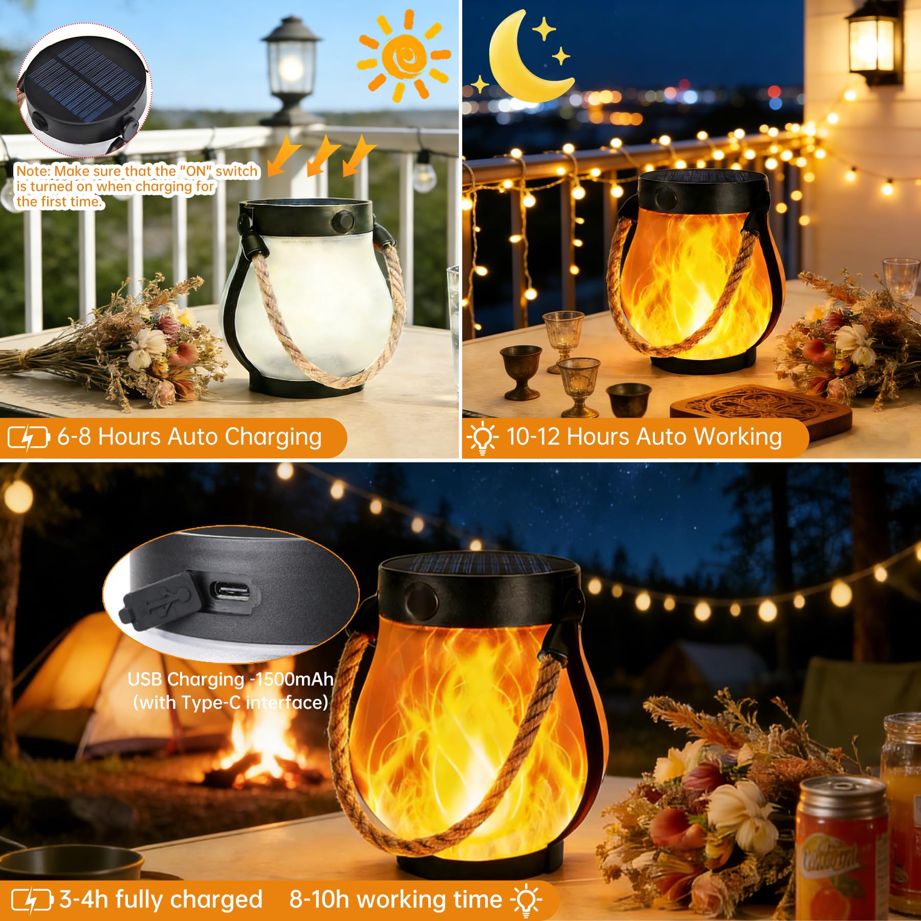 Solarlaternen für den Außenbereich, wasserdicht, flackernde Flamme, hängende Laternen, dekorativ, für den Außenbereich, mit 2 Modi, Dual-Aufladung, USB und solarbetrieben, für Veranda, Hof, Terrasse