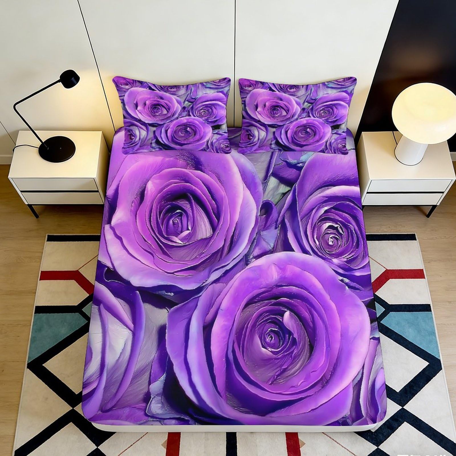 3D Printed Purple Rose Fitted Sheet Microfiber Soft Floral Bed Sheet Decor for Bedroom Guestroom Dustproof 90x200x25cm