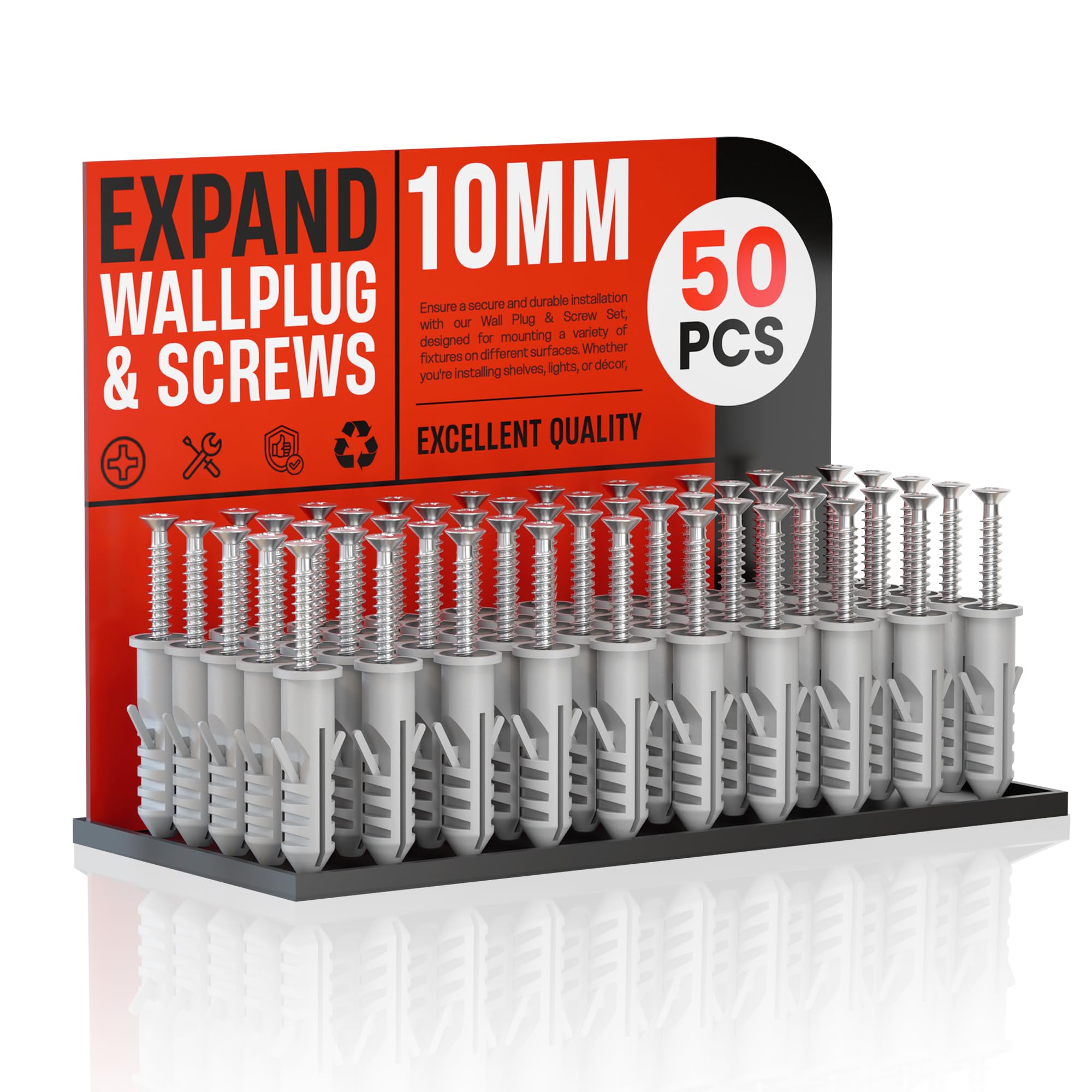LEDSone Grey Screws and Wall Plugs Set 38 mm x 10mm Masonry Brick Concrete Fixings Plugs Kit Plugs and Screws in Compartment Box Zinc Galvanized