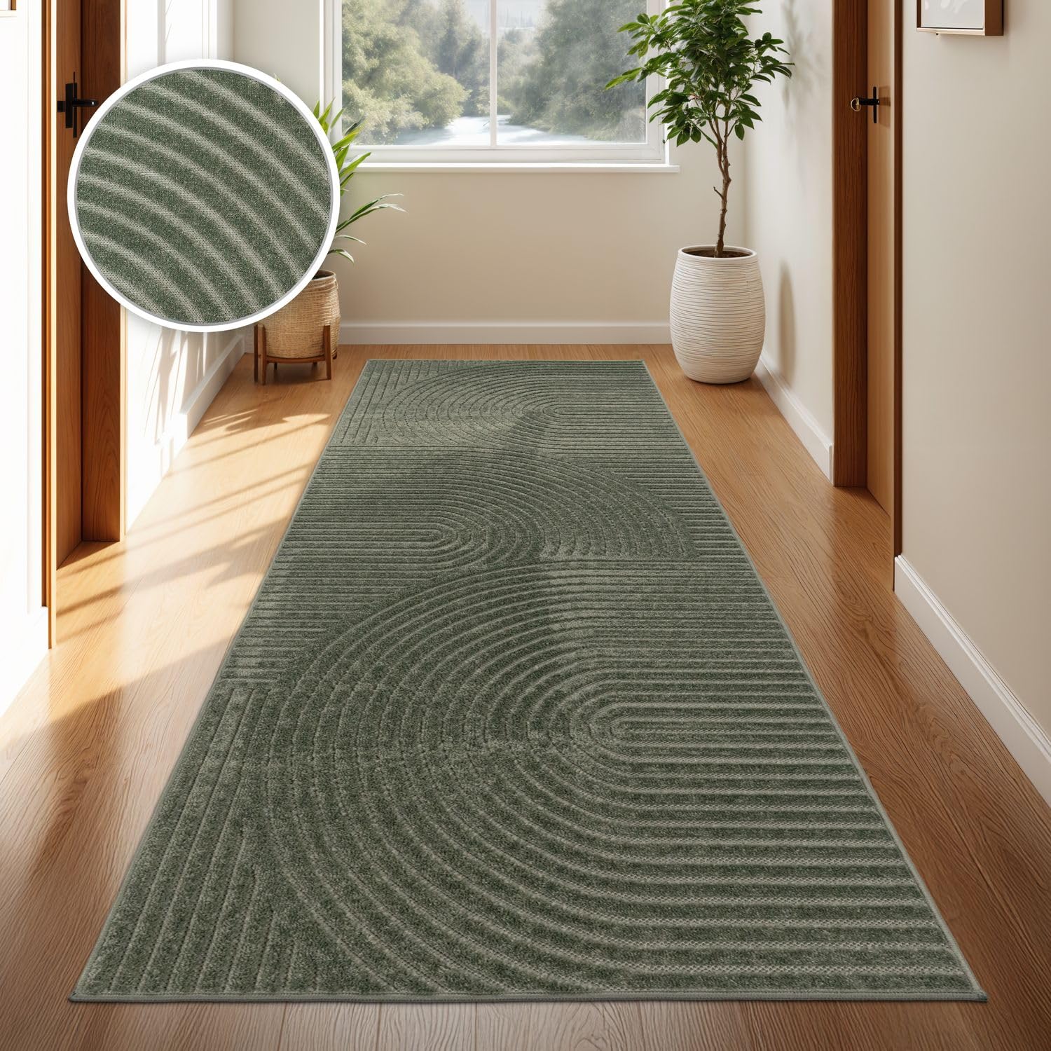 TT Home Outdoor Teppich Läufer 80x250 cm Grün, Wetterfest & Robust, Modernes Boho Skandi Design mit 3D-Optik, für Flur, Küche & Terrasse