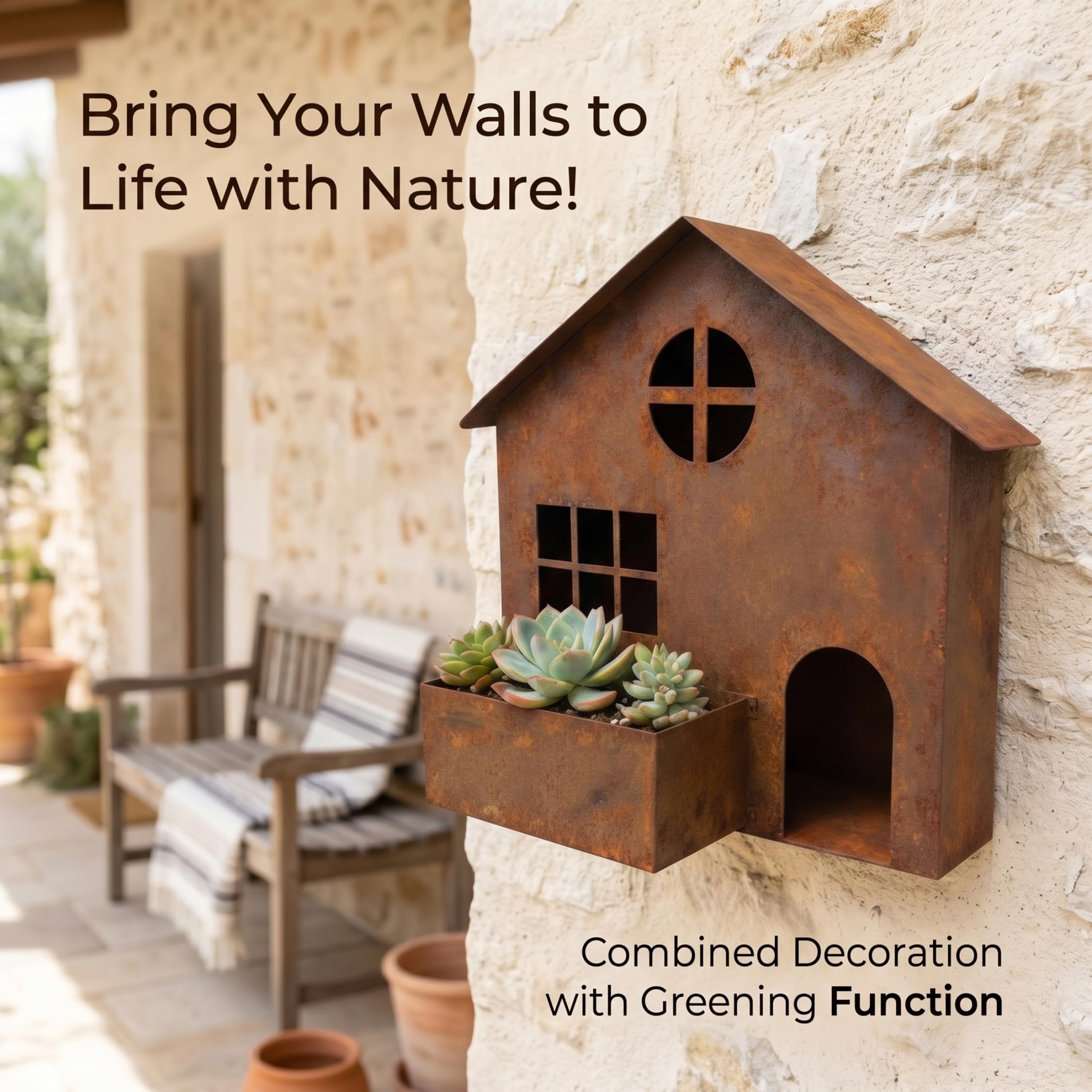 Terrassen-Wanddekoration, 1er-Pack Outdoor-Wandkunst-Vogelhaus aus Metall, Gartendekoration aus verrostetem Eisen und Pflanzgefäß