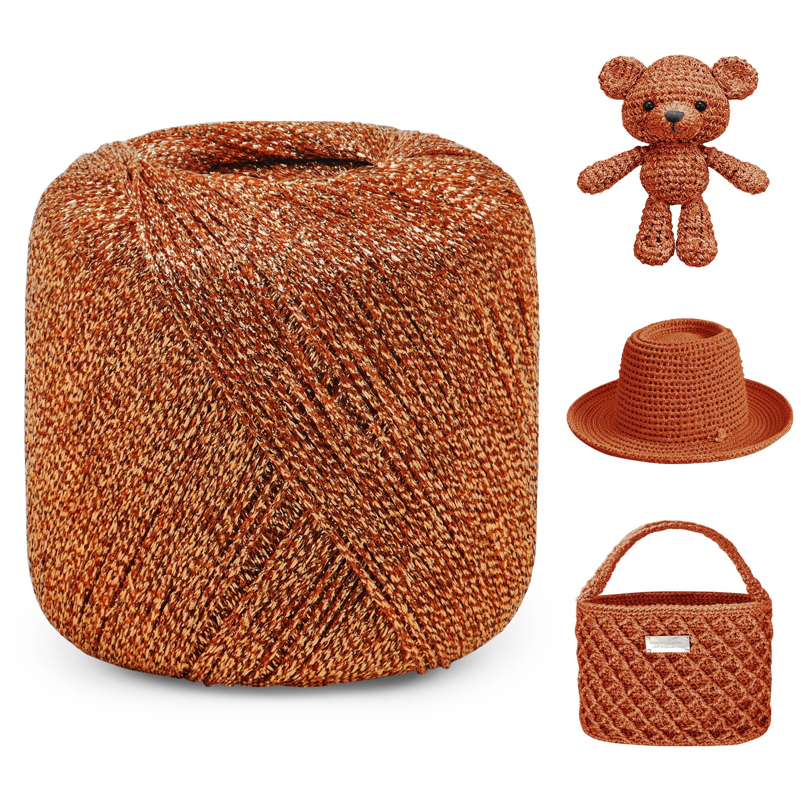 Uiopa Bronze Glitter Yarn 2mm x 120m Sparkle Crochet Macrame Yarn Metallic Polyester Cord for Bags, Baskets, Hats, Amigurumi, Home Decor, DIY Crafts