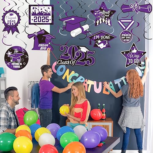 Vista 6 de Sumind 30 piezas de decoraciones de fiesta de graduación, suministros de remolinos colgantes de felicitaciones para graduación, estrellas, sombrero