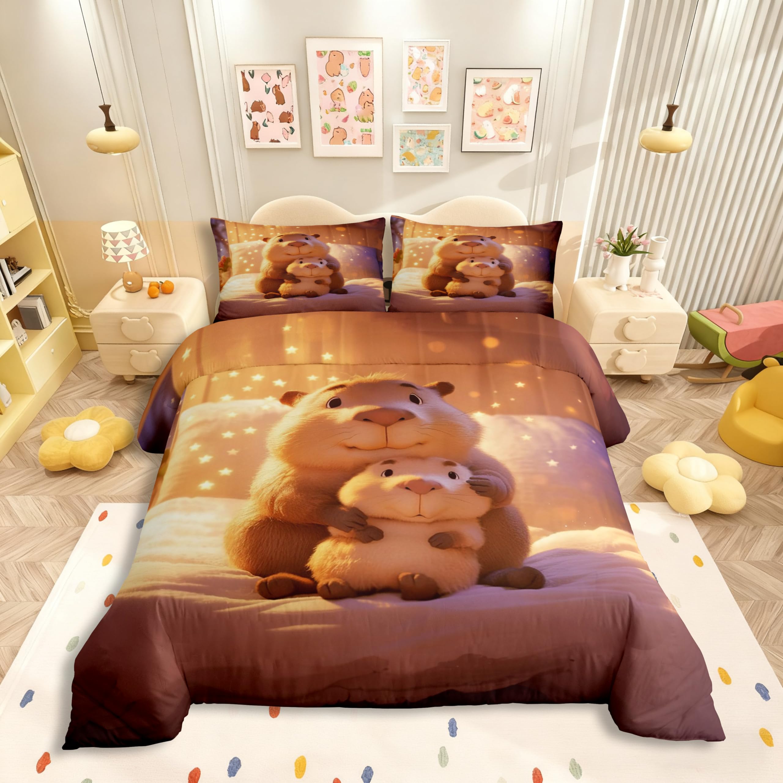 Homewish Cartoon Märchen Capybara Bettwäsche 155x220 3D Süßes Nagetier für Jungen Mädchen Bettbezug Märchenhafter Sternenhimmel Bettwäsche Set Capybara Mutter Kind Herzerwärmend Beruhigend Bedding
