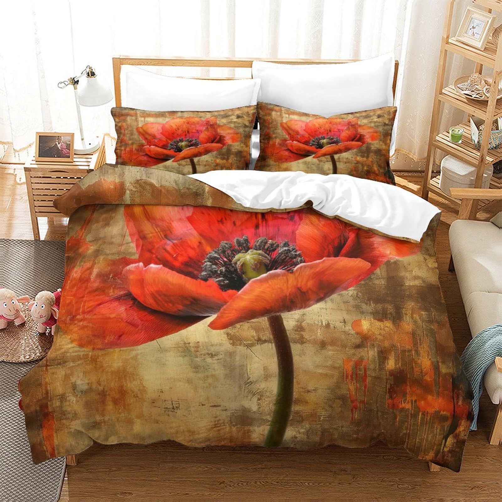 DCABEIOOE Abstract Red Flower 3D Printed Printed Comforter Plant Sets Room Decoration 3 Pcs Bedding Set Modern Bedroom Decor 3 Pcs Bedding Set Super King(260x220cm) — image 1