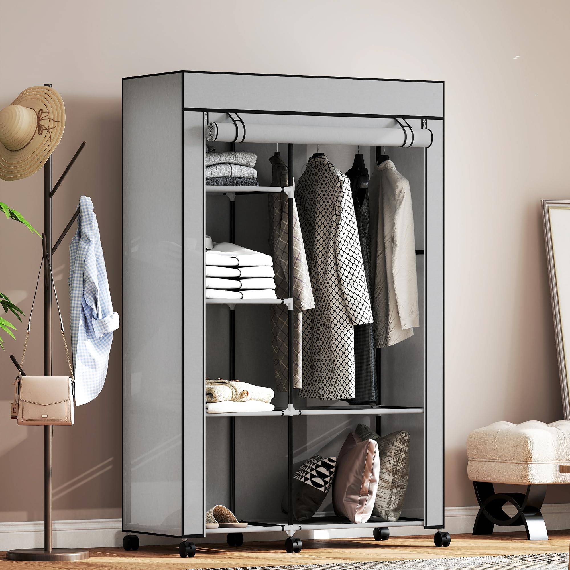 HOMCOM Armario de Tela con Ruedas, Armario Portátil, con Barra para Colgar, 6 Estantes, Marco de Acero, para Dormitorio, Vestidor, 103x43x162,5 cm, Gris Claro