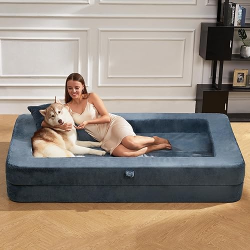 Miniatura 3 de Cansunna Puf plegable 3 en 1, cama de piel sintética, sofá grande de espuma, puf convertible, cama para perro con dos almohadas para adultos,