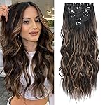 Fliace Clip in Hair Extensions, 6 PCS Natural & Soft Hair & Blends Well Hair Extensions, Dark Brown Long Wavy Hairpieces(24inch, 6pcs, Black with Brown Highlights)