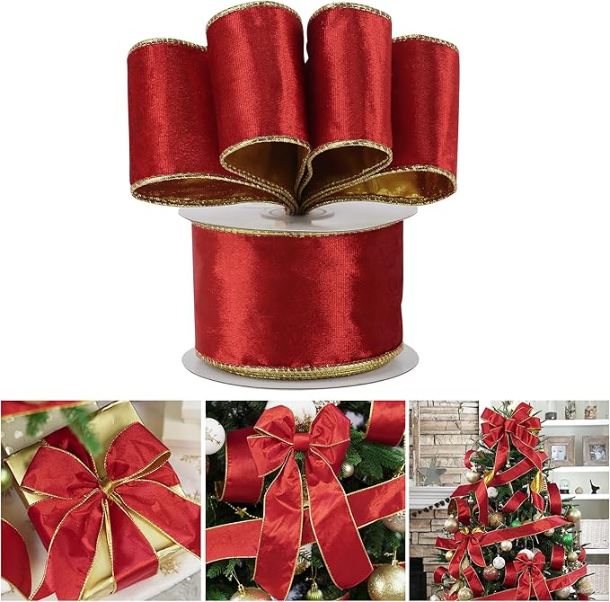 Amazon.com: AIMUDI Red Wired Christmas Ribbon 2.5 Inch Red and Gold ...