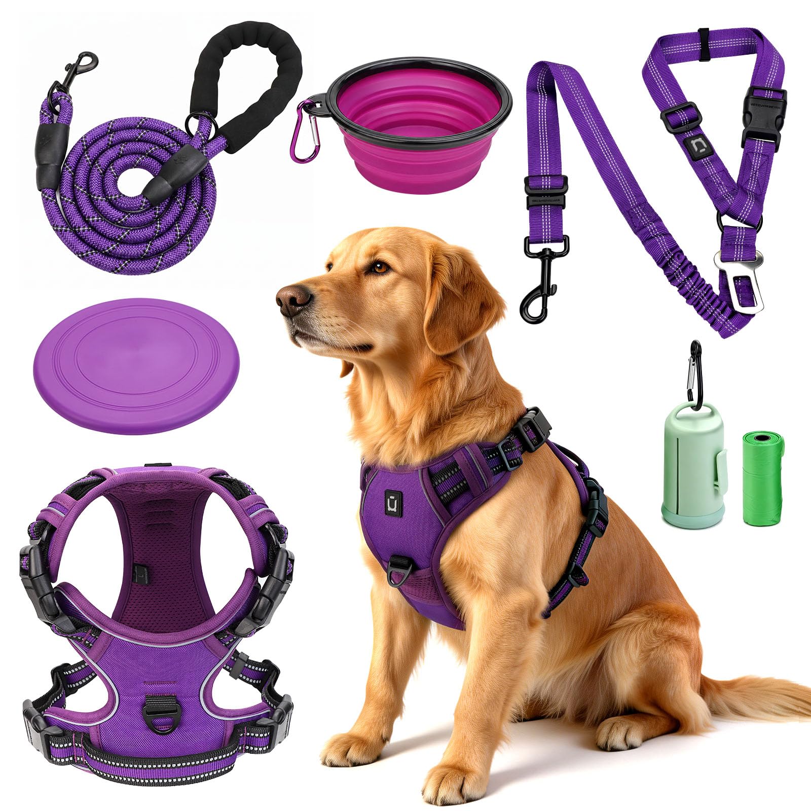 Arnes Perro, Conjunto de arnés y Correa para Perros cinturón de Seguridad, comederos Plegables y dispensador de Bolsas para excrementos. Ideal para Entrenamiento, Paseos y Viajes