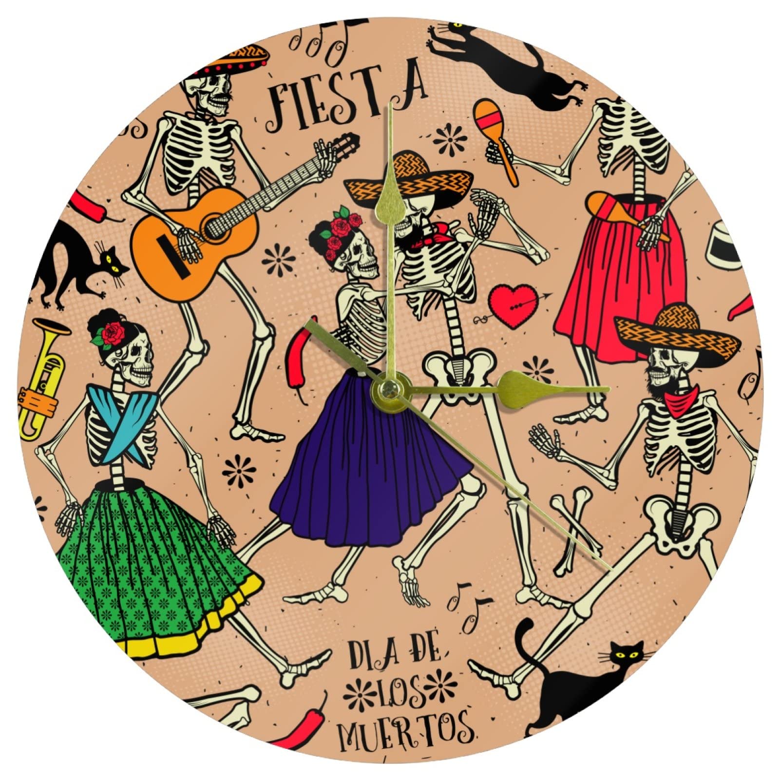 Horloge murale Squelette Jour des morts 24 cm pour remplacer votre vieille horloge bruyante