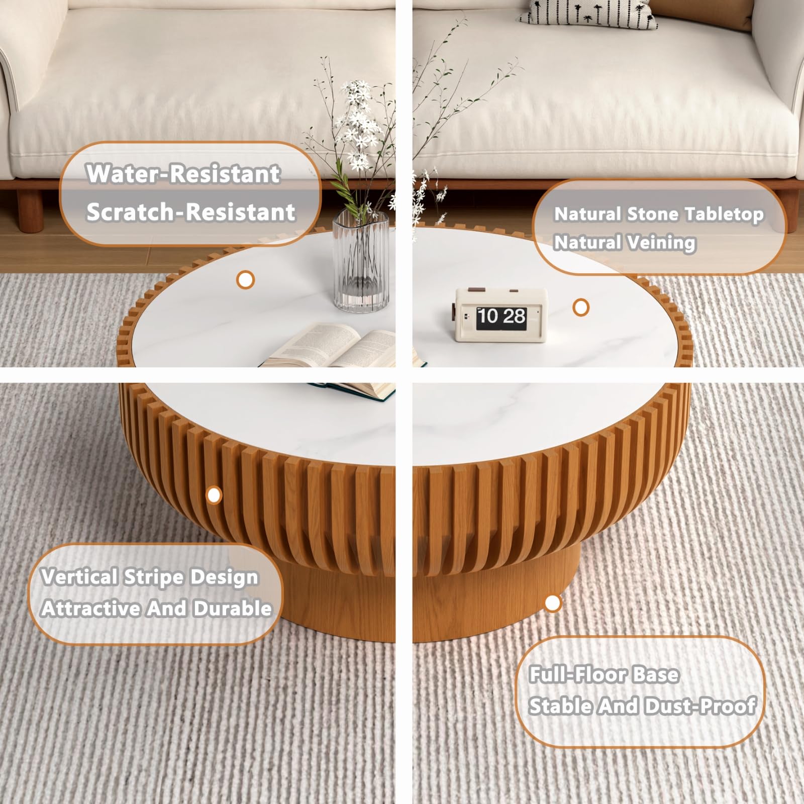 JHKZUDG Table Basse en Forme De Tambour 80Cm avec Plateau en Pierre Frittée