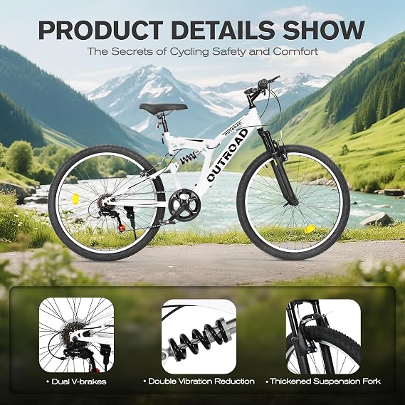 Mountain Bike for Adult Men Women, 26 Inch 7 Speed Mountian Bicycle with Dual Full Suspension, Dual V Brake MTB Bicycle, Multiple Colors(White)