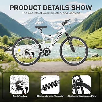 Mountain Bike for Adult Men Women, 26 Inch 7 Speed Mountian Bicycle with Dual Full Suspension, Dual V Brake MTB Bicycle, Multiple Colors(White)