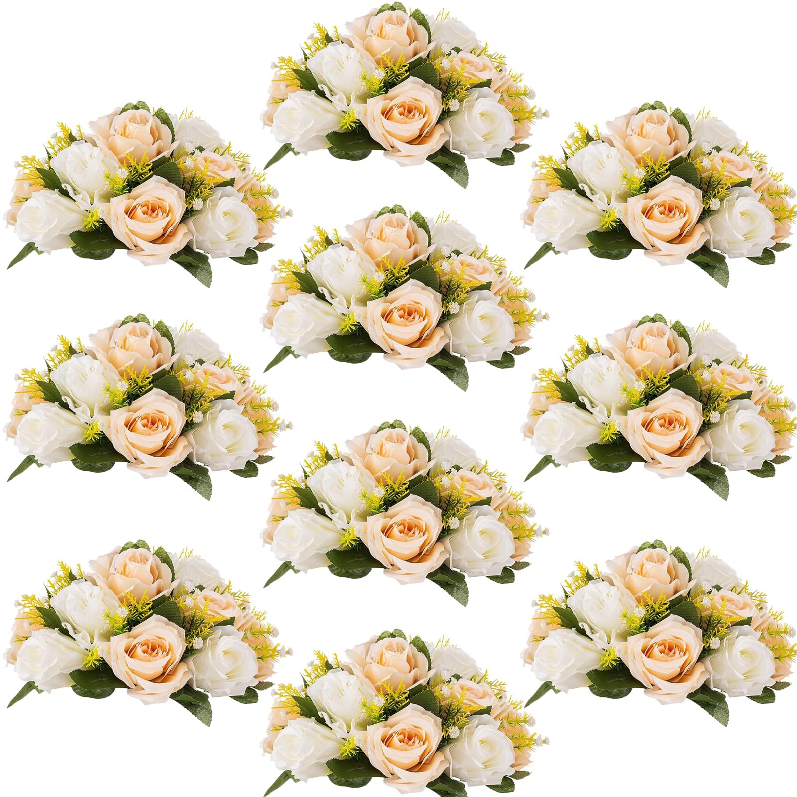 Inweder Artificial Flower Ball Wedding Centerpieces - 10 Pcs Wedding Flower Balls for Table Centerpiece Arrangement Bouquet Fake Flowers Silk Rose Balls with Base Home Room Decor Champagne & White