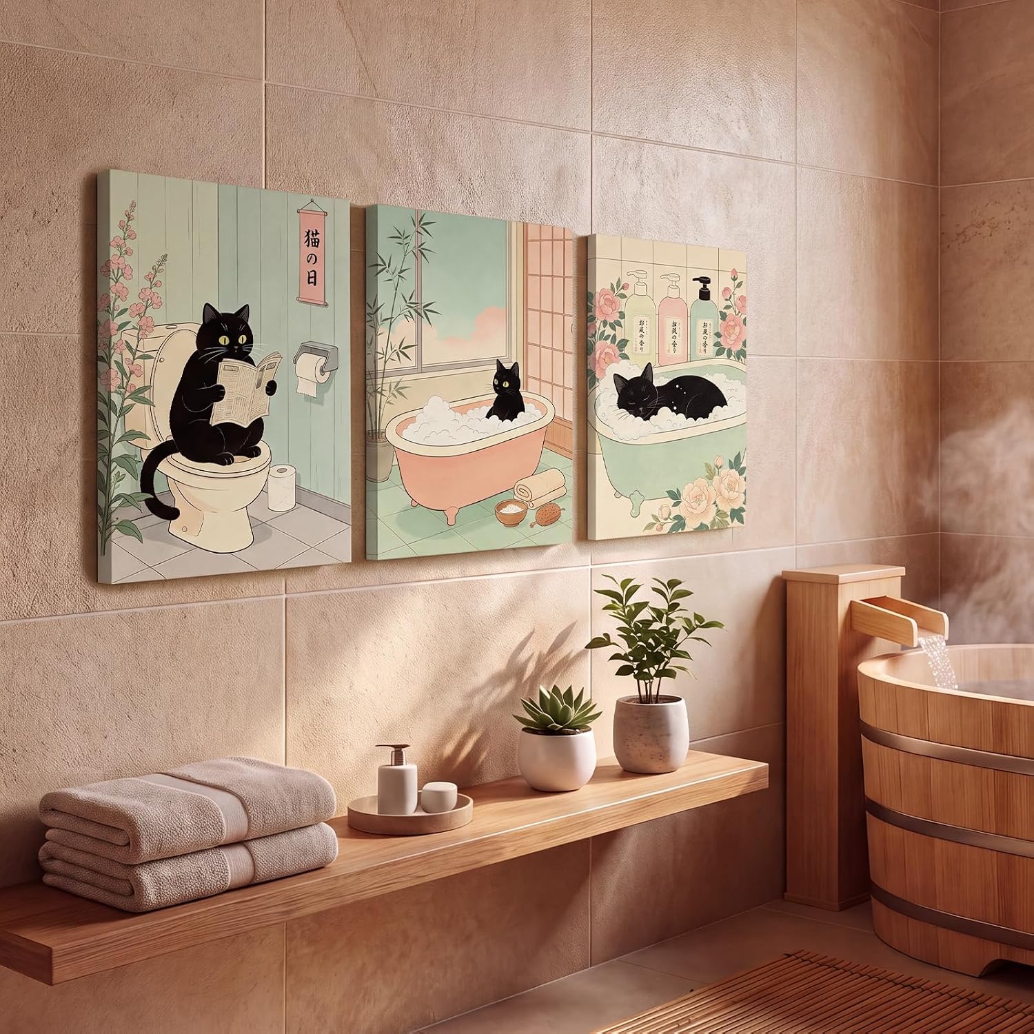 Dazoratix Japanese Cat Wall Art - Set of 3 Cute Canvas Bathroom Home Decor image 4