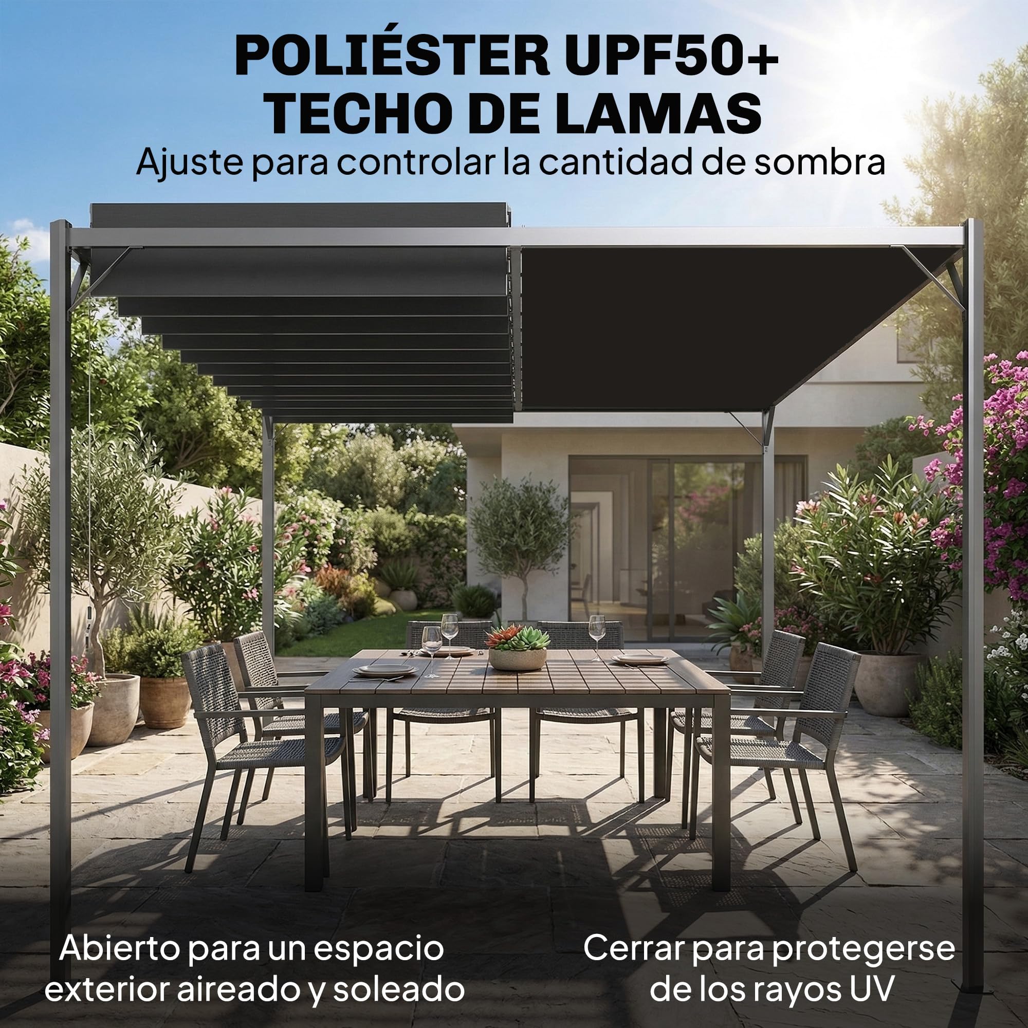 Outsunny Pérgola de Jardín 3x4 m, Cenador de Jardín con Techo de Lamas Orientables, Estructura de Metal, Protección UPF50+, Pabellón para Exterior, Patio, Terraza, Gris Oscuro — view 3