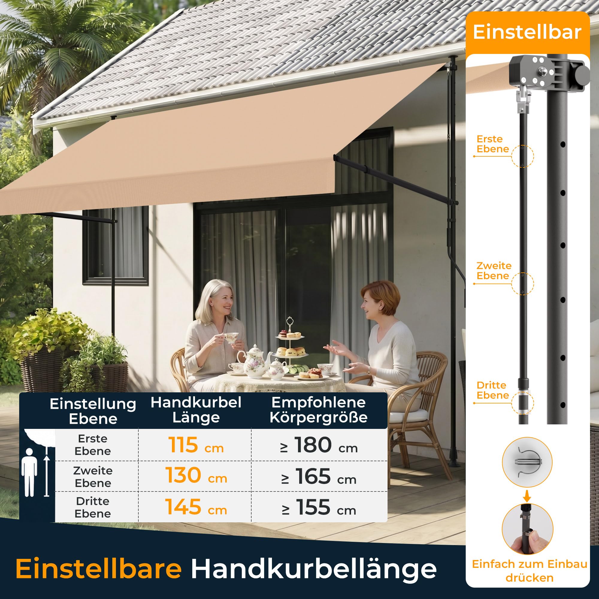 HOMEDEMO Klemmmarkise mit Einstellbare Handkurbel, Balkonmarkise ohne Bohren, Markise Sonnenschutz, UV-beständig & höhenverstellbar für Outdoor, Terrasse, Balkon, Garten, Khaki, 300 x 125-150 cm
