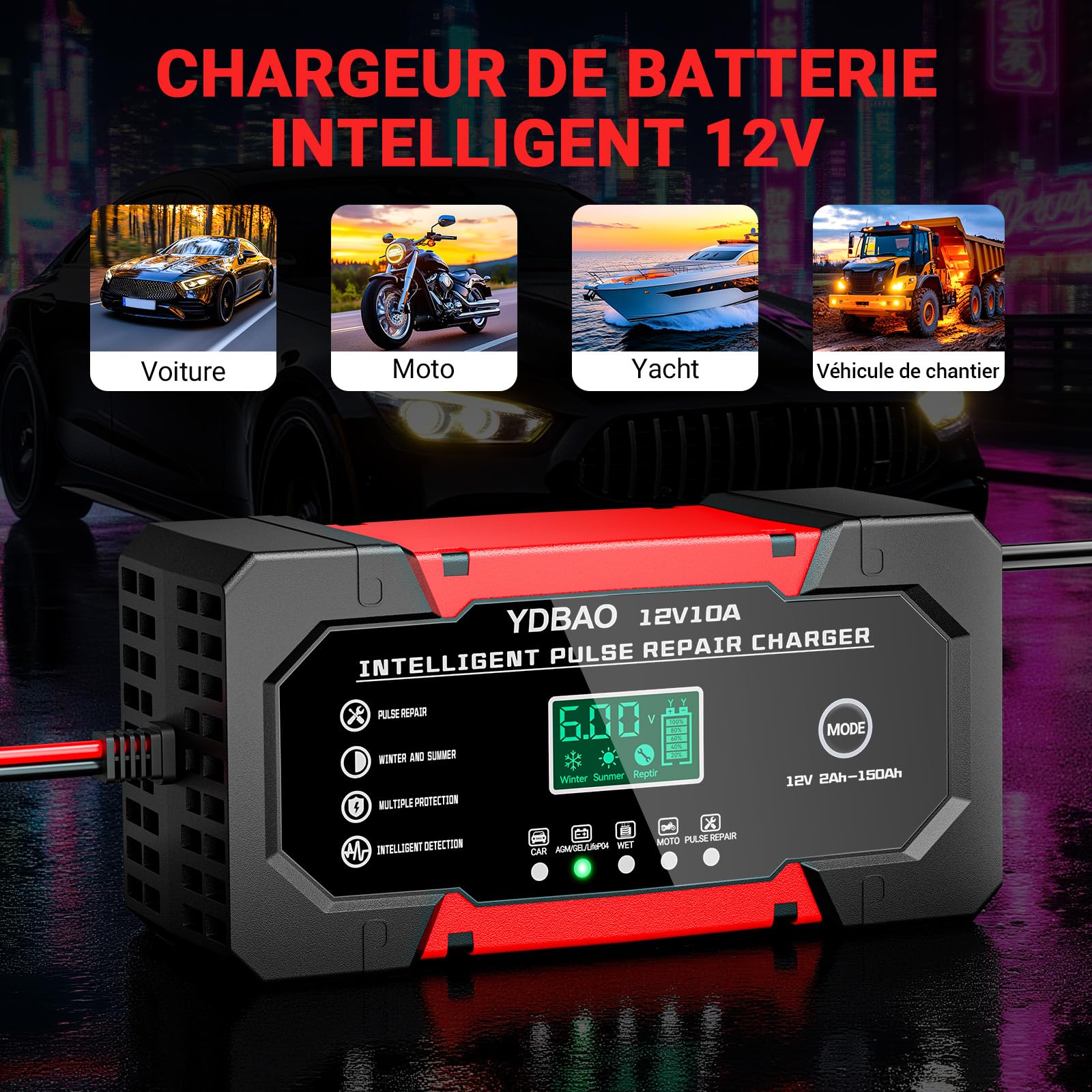 YDBAO Chargeur de Batterie Voiture 12V 10A LiFePO4 Chargeur Batterie Auto Intelligent avec Mode Réparation pour AGM Gel Wet LiFePO4 Auto Voiture Moto Camion