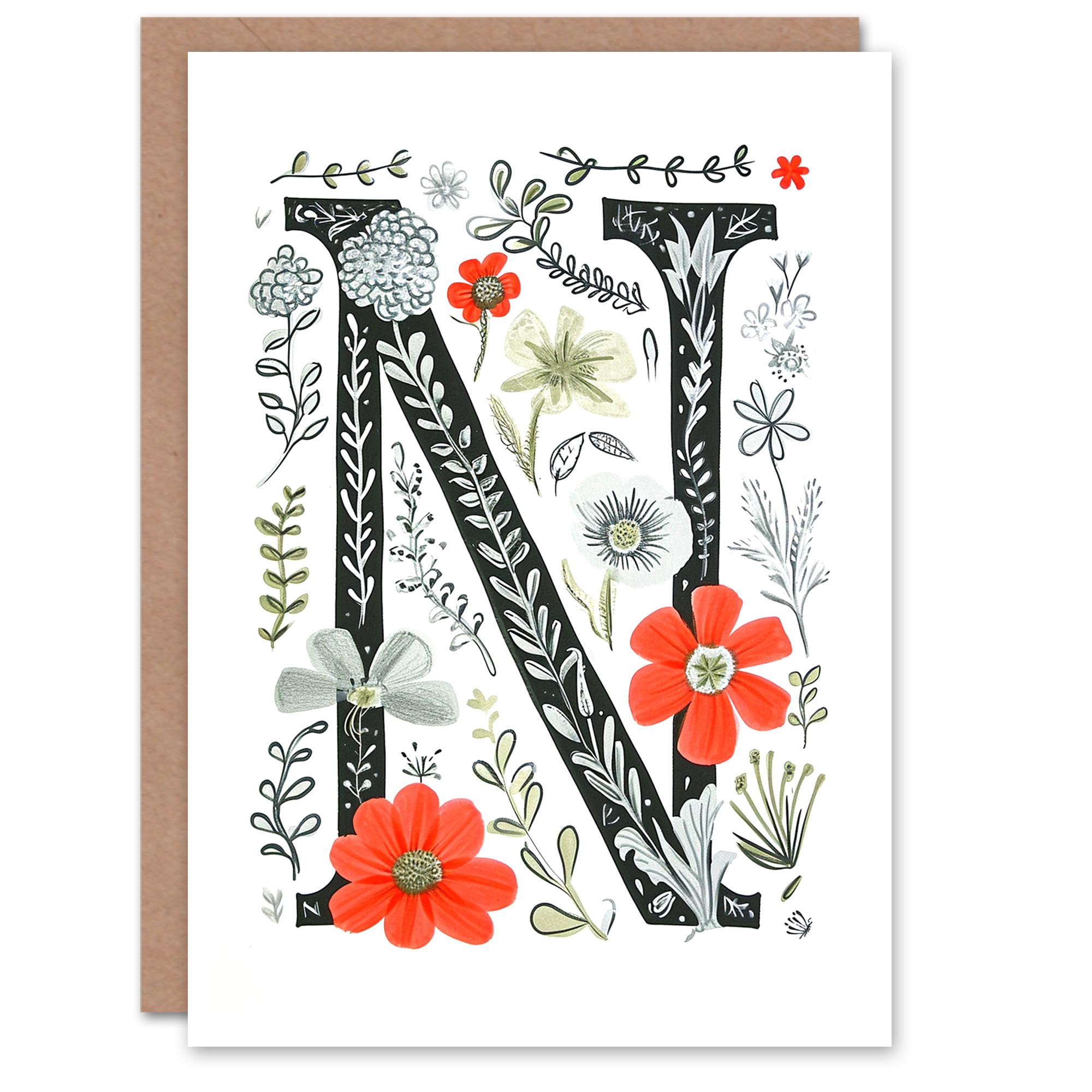 Artery8 Greeting Card Letter N in Poppies Wildflowers Pen Drawing Floral Alphabet Florist For Her Birthday Mum Wife Woman Friend
