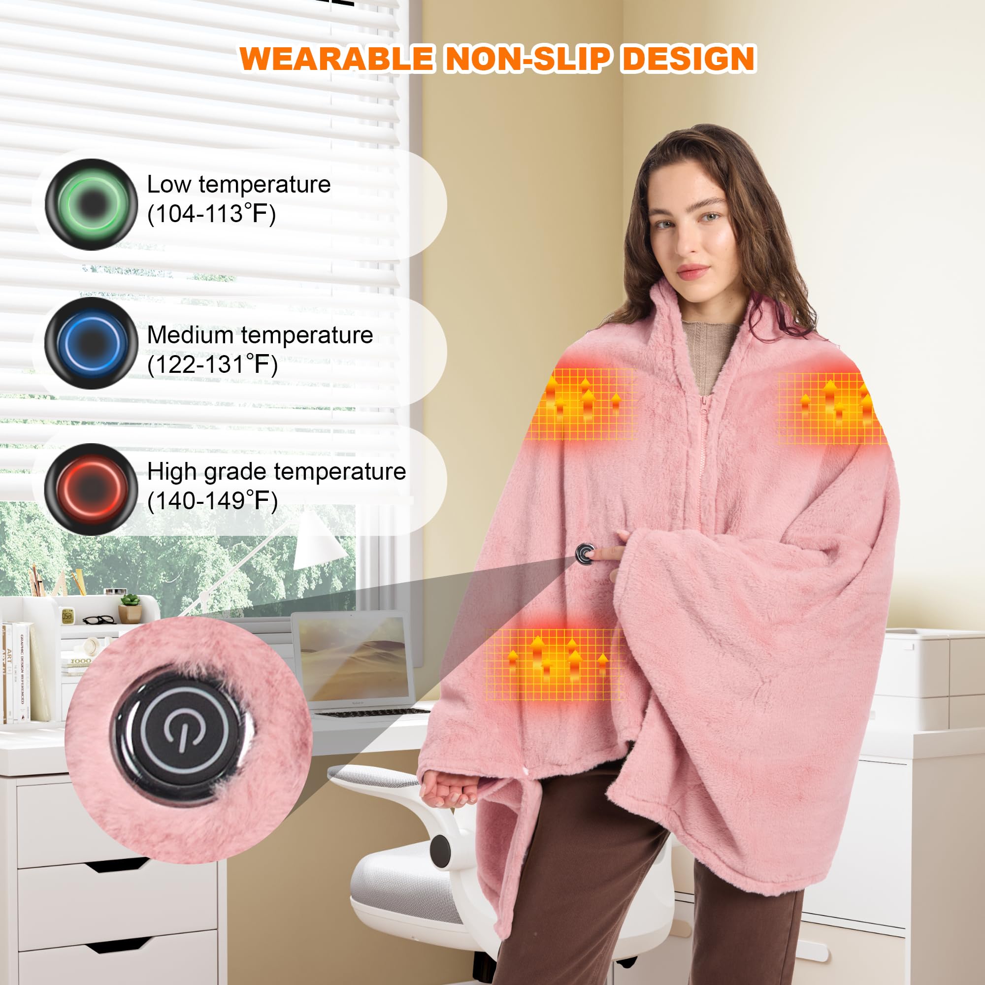 160x90cm Heizdecke Kabellose mit 16000 mAh Akku, Flanell Elektrische Wärmedecke mit 6-Zonen-Heizung, 3 Temperaturstufen, Waschbar Heizdecke zum Anziehen für Sofa, Büro, Auto, Camping(Rosa)
