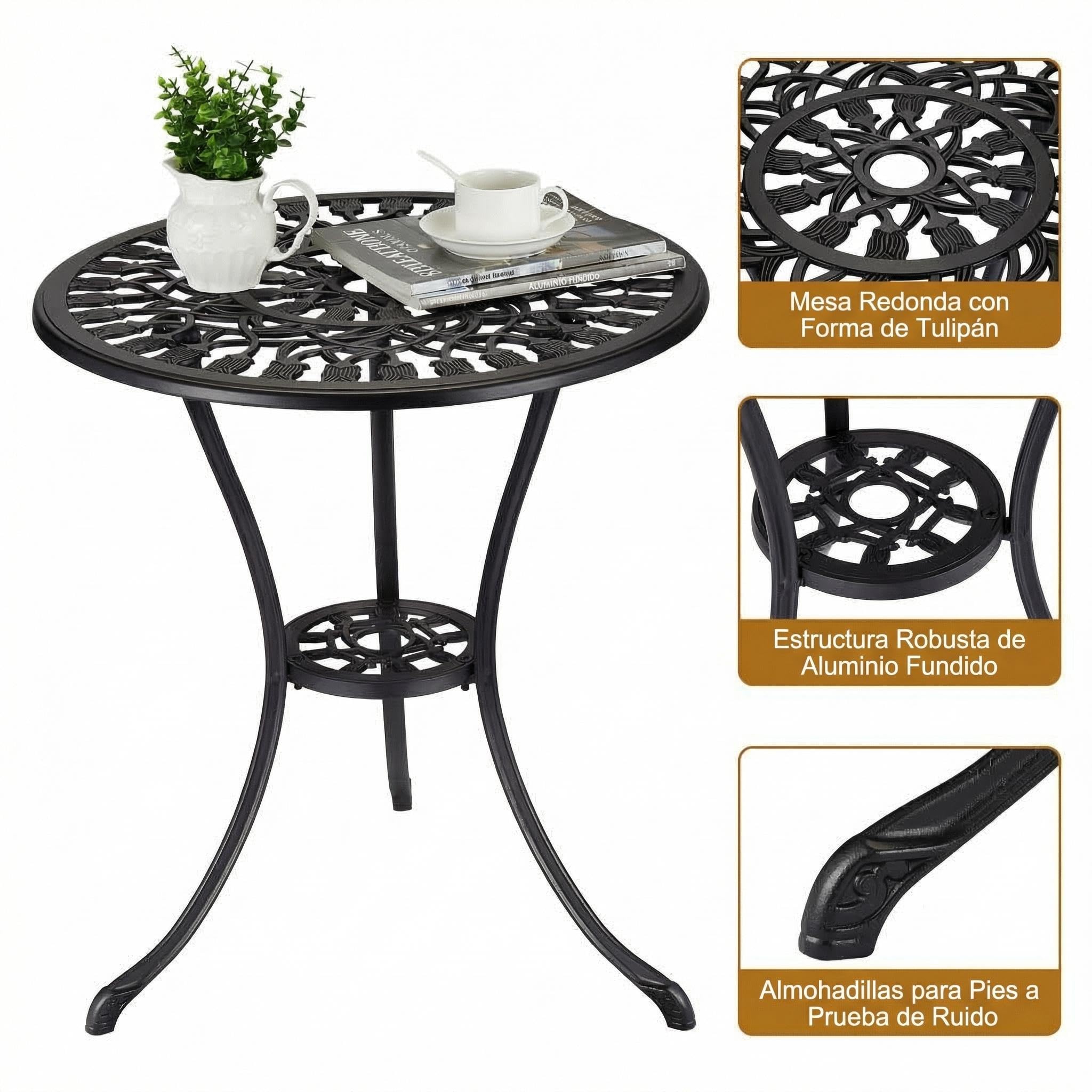 GarveeHome Mesa Bistró De Exterior Redonda De Aluminio Fundido con Orificio para Sombrilla, Mesa De Jardín Estilo Tulipán para Balcón, Terraza, Patio o Jardín, Negra