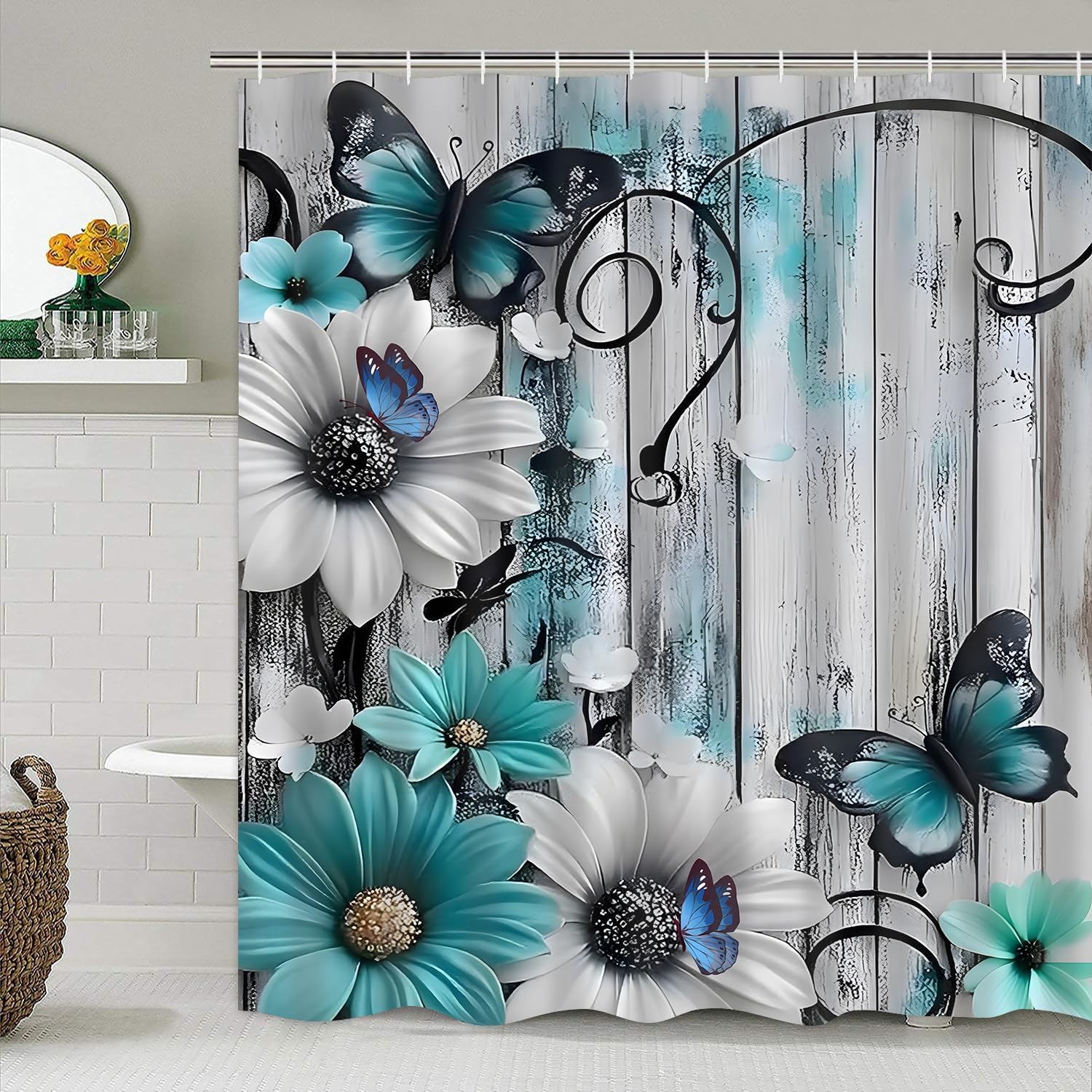 AZHM Relief Daisies and Butterflies Shower Curtain Set 4pcs Rustic Farmhouse Bathroom Decor Set with Shower Curtain and Rugs and Accessories