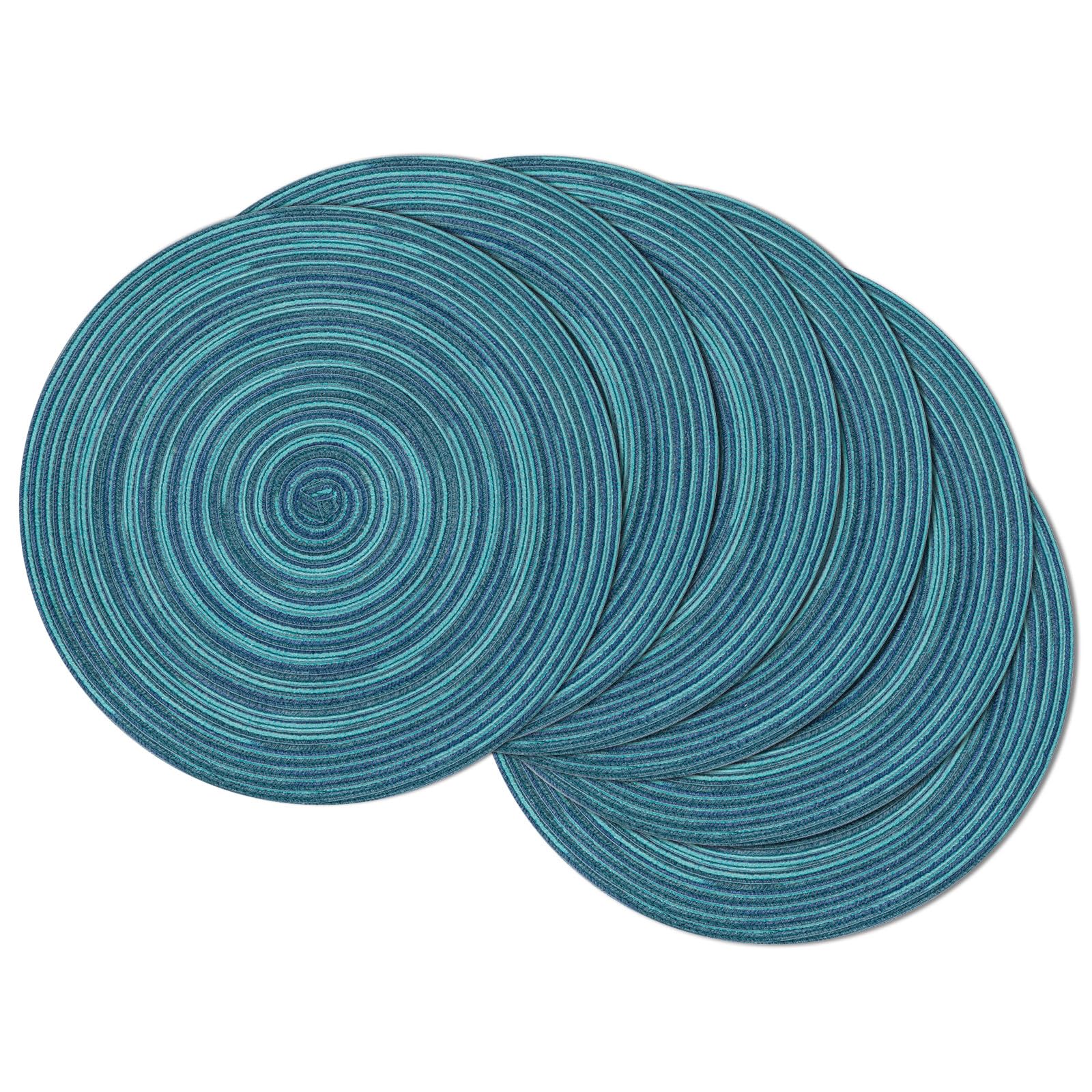 SHACOS 15 inch Round Placemats Set of 6 Variegated Multicolor Place Mats Cotton Polyester Braided Non Slip Washable Heat Resistant Table Mats for Home Wedding Dinner Party Table Decor, Rainbow Teal