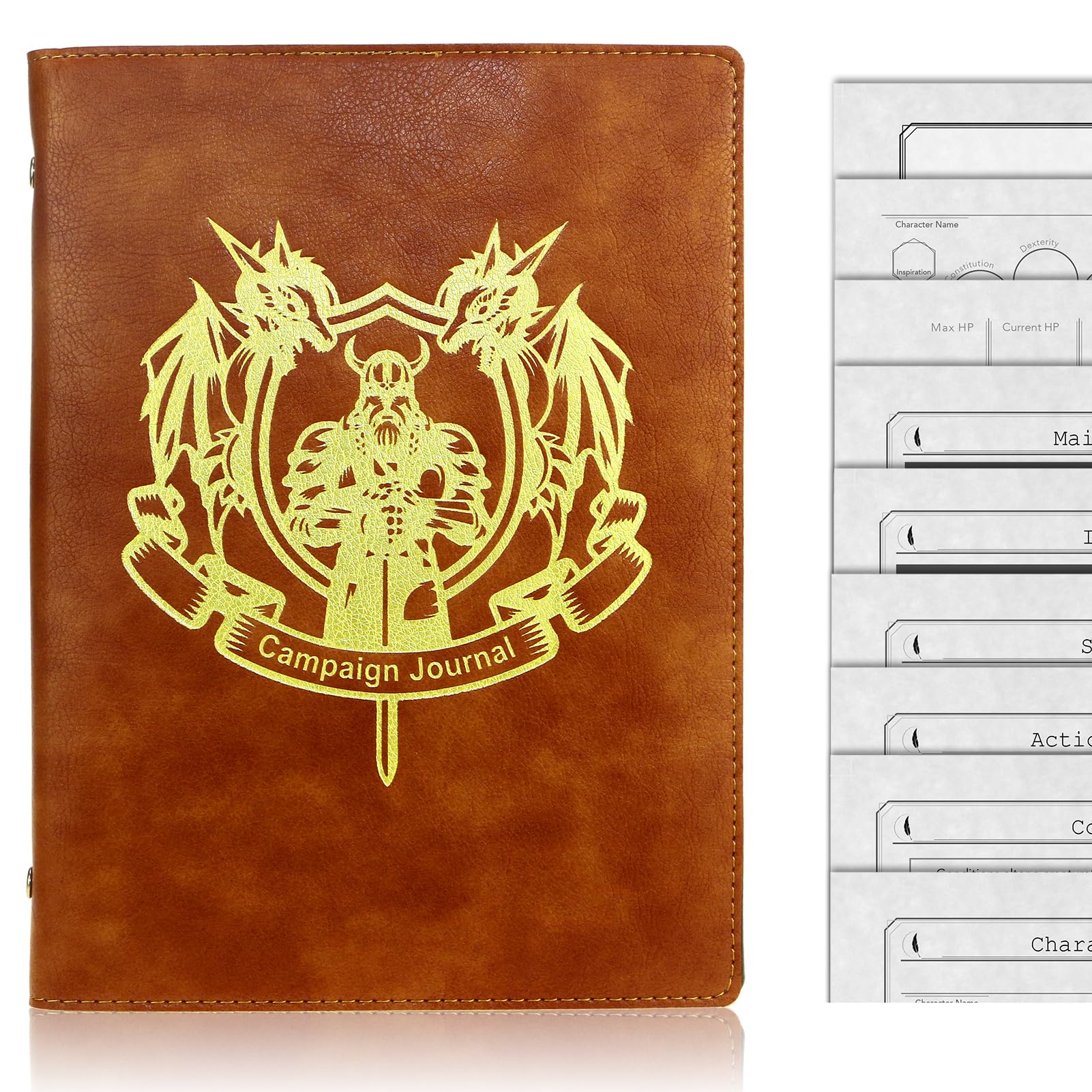 Mazeran Campaign Journal for DnD, Leather Golden Foiled PSoft Cover, Fantasy Handmade Dungeons and Dragons 5e Character Sheet, B6 6-Ring Binder Refillable Pages (Brown 2 Set of Campaign Pages)