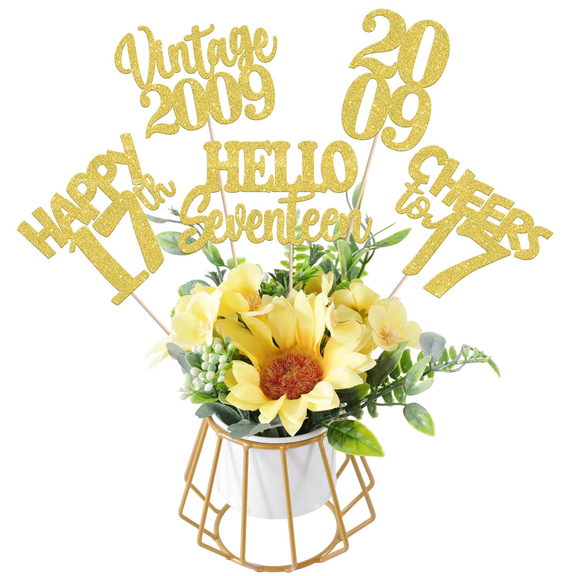 15 PCS 17th Birthday Centerpiece Sticks Seventeen Happy 17 Vintage 2009 Table Flower Centerpieces Sticks Cheers to 17 Fabulous Floral Decorations for 17th Birthday Party Supplies Gold