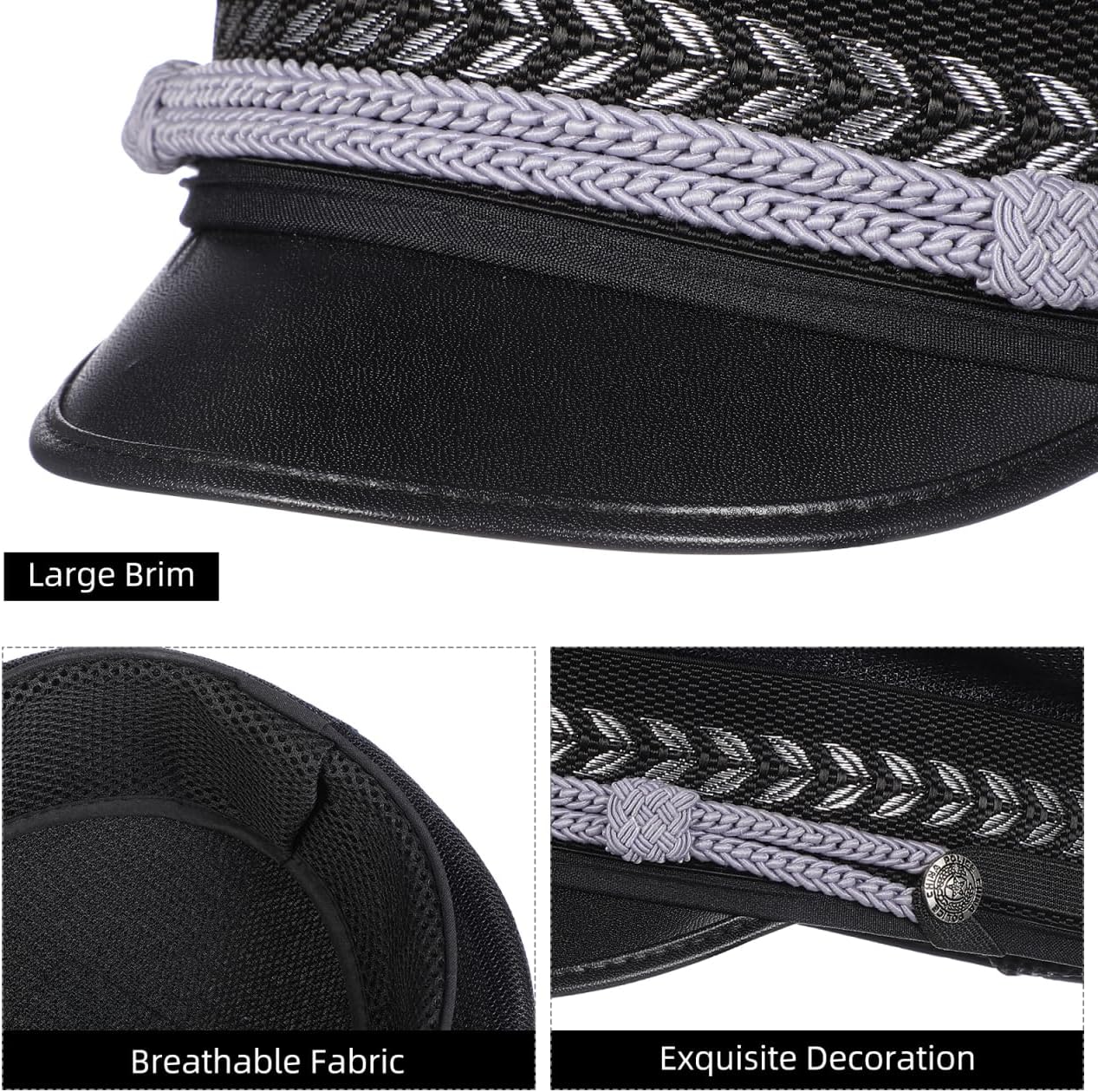 Sosoport Breathable Officer Hat, Black Yacht Sailor Cap with Silver Rope & Wide Brim Security & Police Officer Hat for Cosplay Halloween Costume - Unisex Adult - Image 6