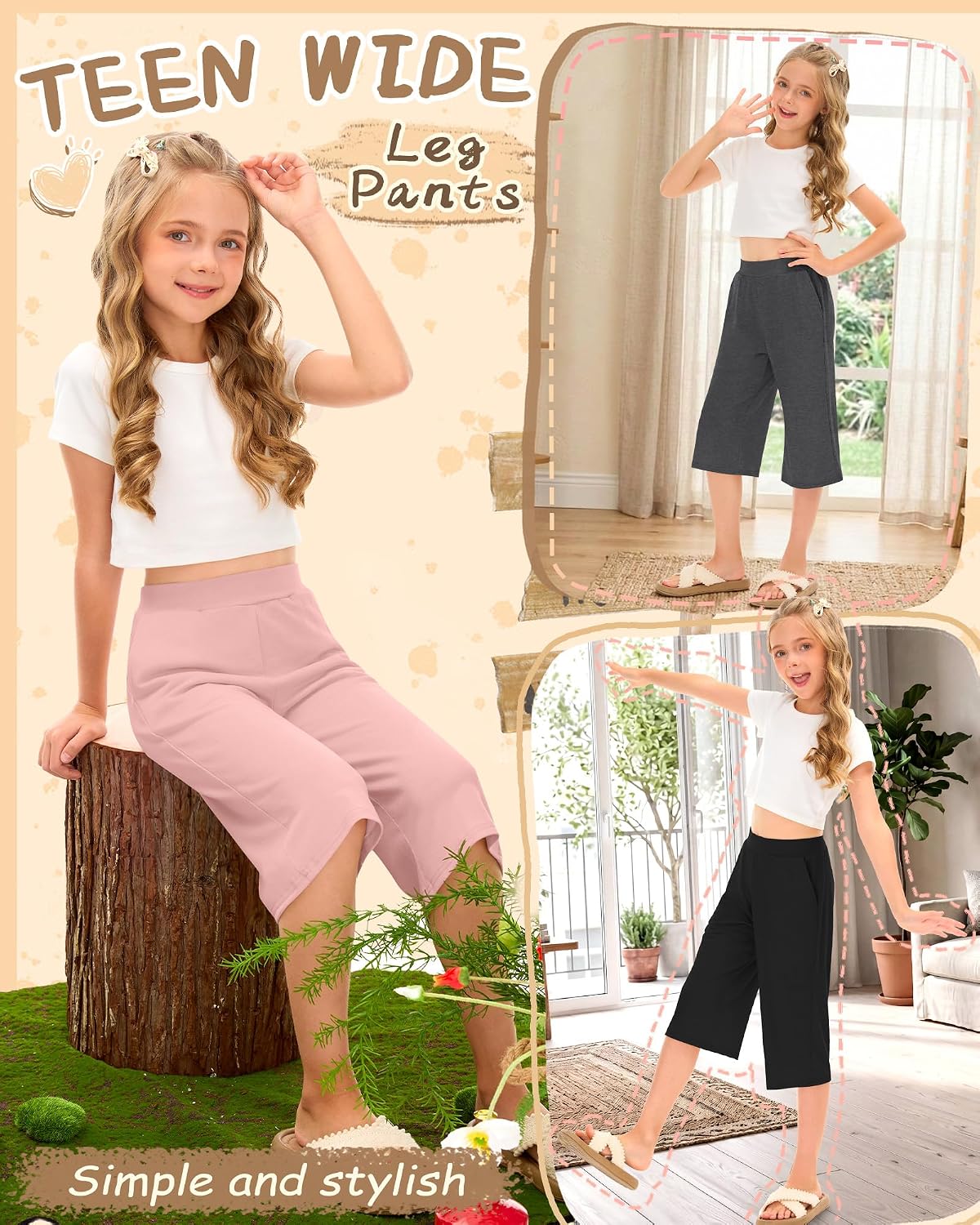 3 Pack Girls' Capri Pants Wide Leg Elastic Waist Loose Fit Capris Casual Workout Summer Cropped Pants with Pockets