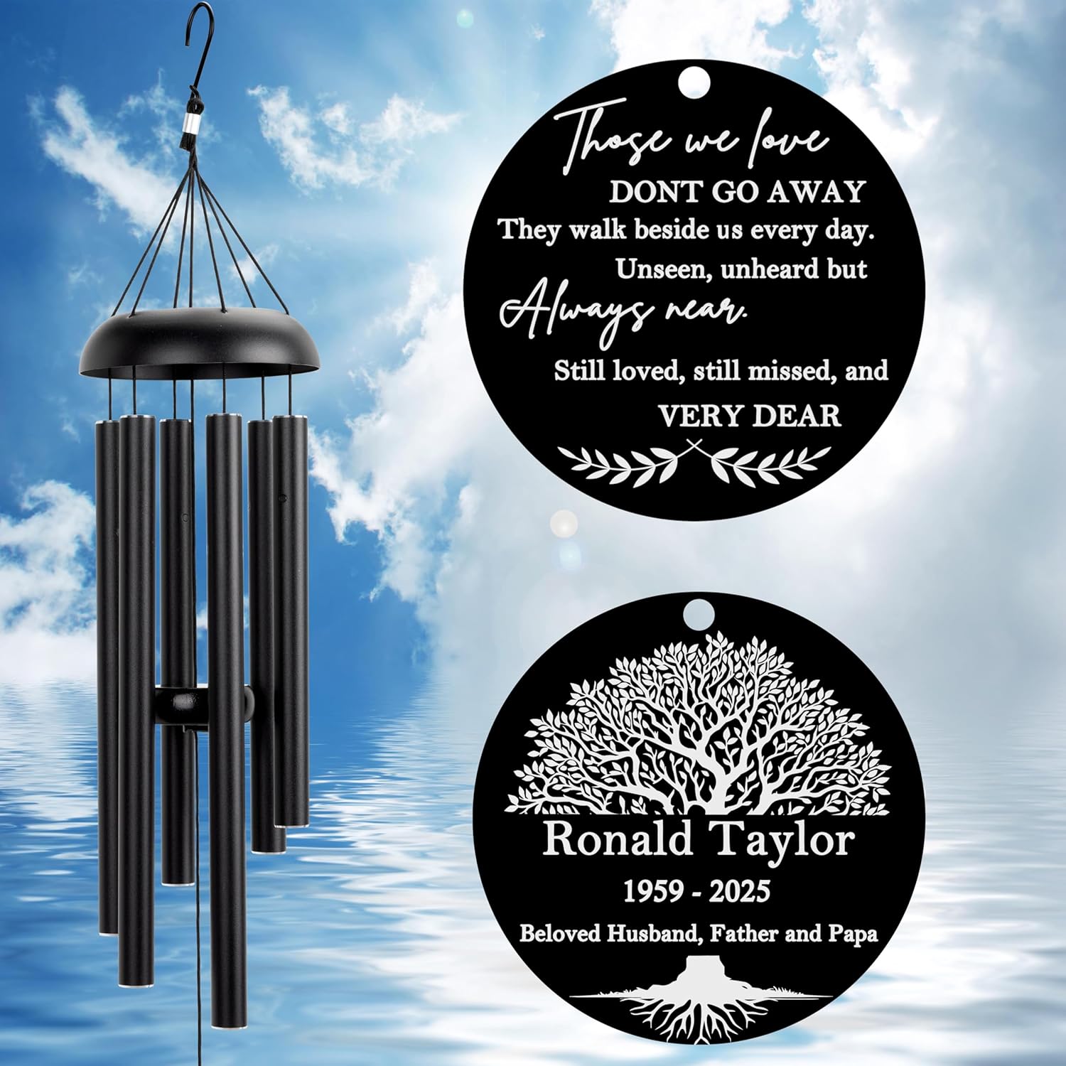 Personalized Memorial Wind Chimes – 32'' Custom Name & Dates Engraved Aluminum & Wood Wind Chime for Loss of Loved One – in Loving Memory Gift