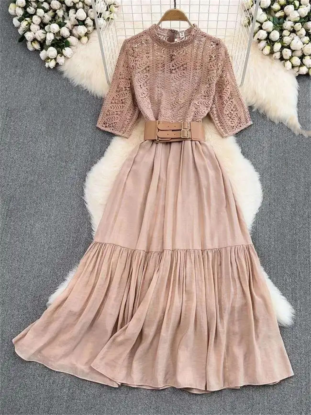 Yeuyyben Pizzo Chiffon Abiti Moda Donna Scava Fuori Embroidey Manica Corta Cintura Elegante Partito Lungo Prom
