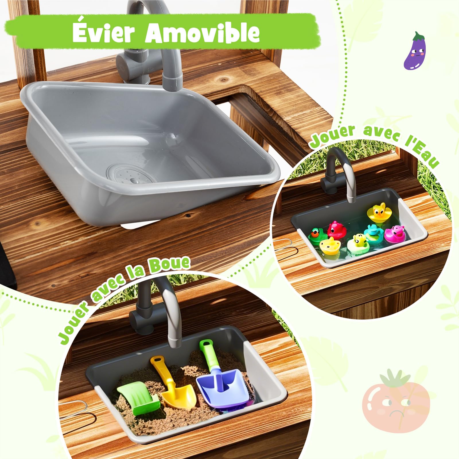 GOPLUS Cuisine Exterieur Enfant en Bois de Sapin, Jouet de Cuisine de Boue avec Tableau Noir, Panneau Acrylique, 4 Pots de Plantation, Robinet, Évier Amovible, pour 3+ Ans