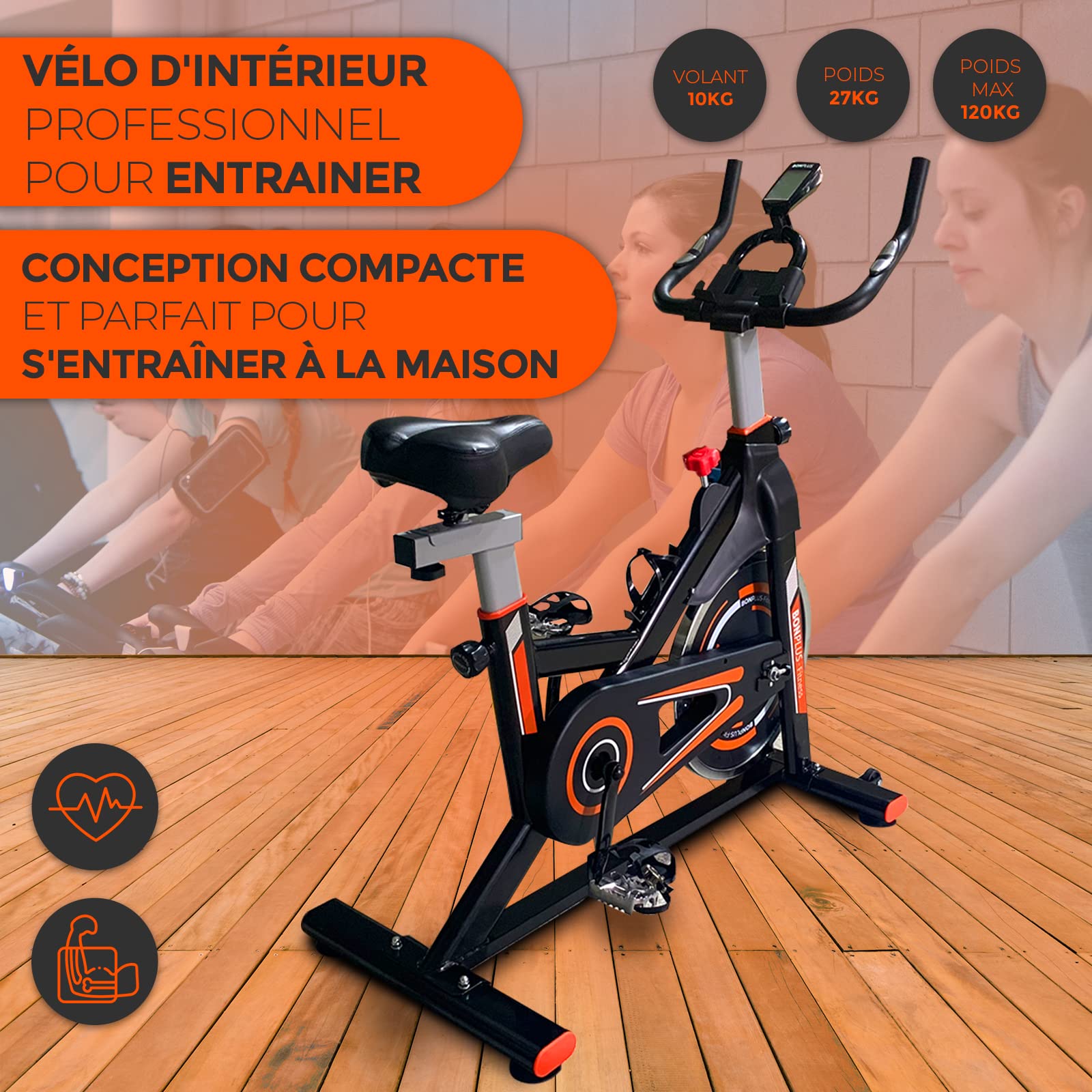 Bonplus BP | Vélo D'Appartement | Spinning Bike | Écran LCD | Intensité Réglable | Volant Moteur 10kg | Hauteur D'Assise - 76-98 Cm | Fitness