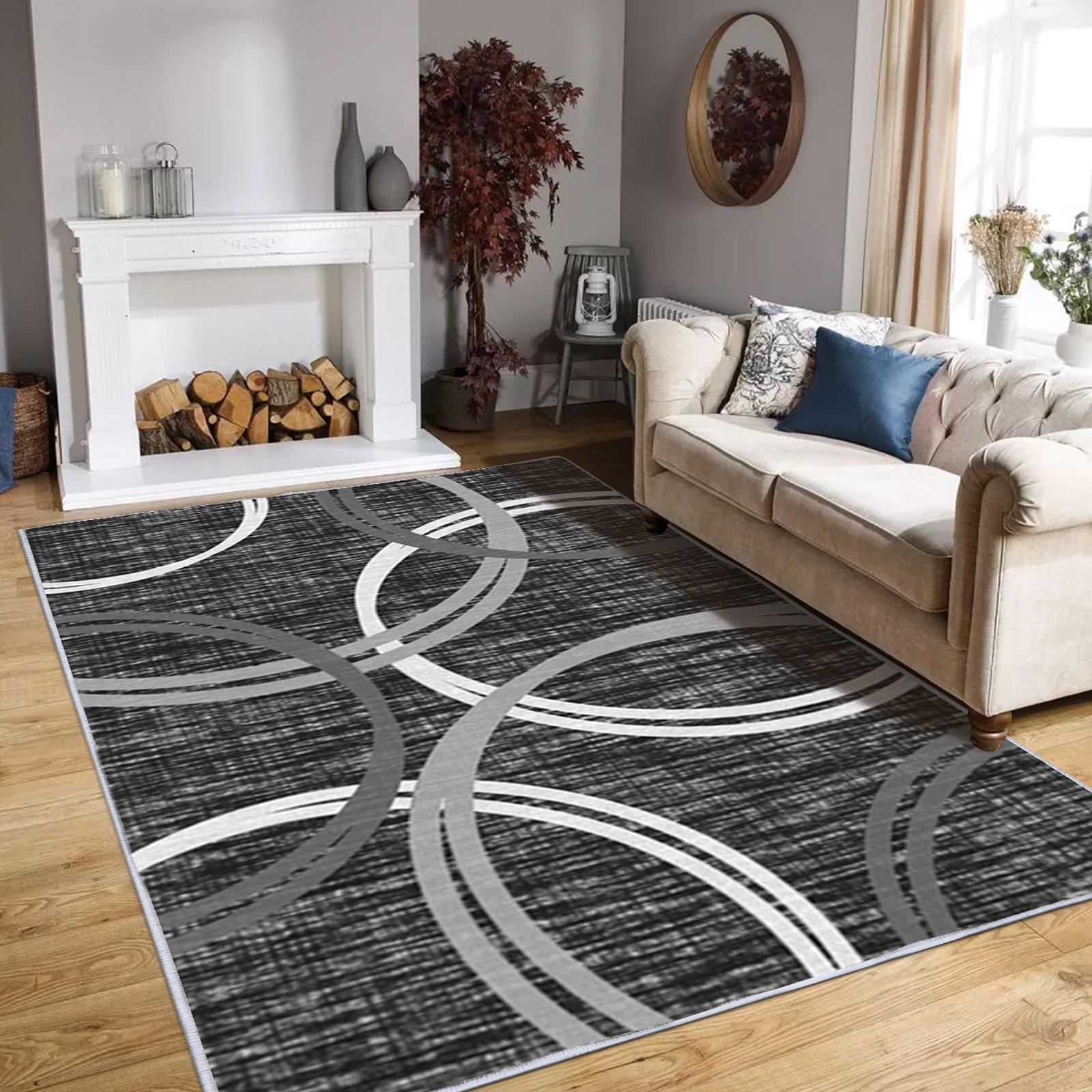 YUFANUHO Abstract Black White Area Rugs for Living Room, 6x9 Feet Large Faux Wool Carpet with Modern Circles Line Design for Bedroom, Machine Washable