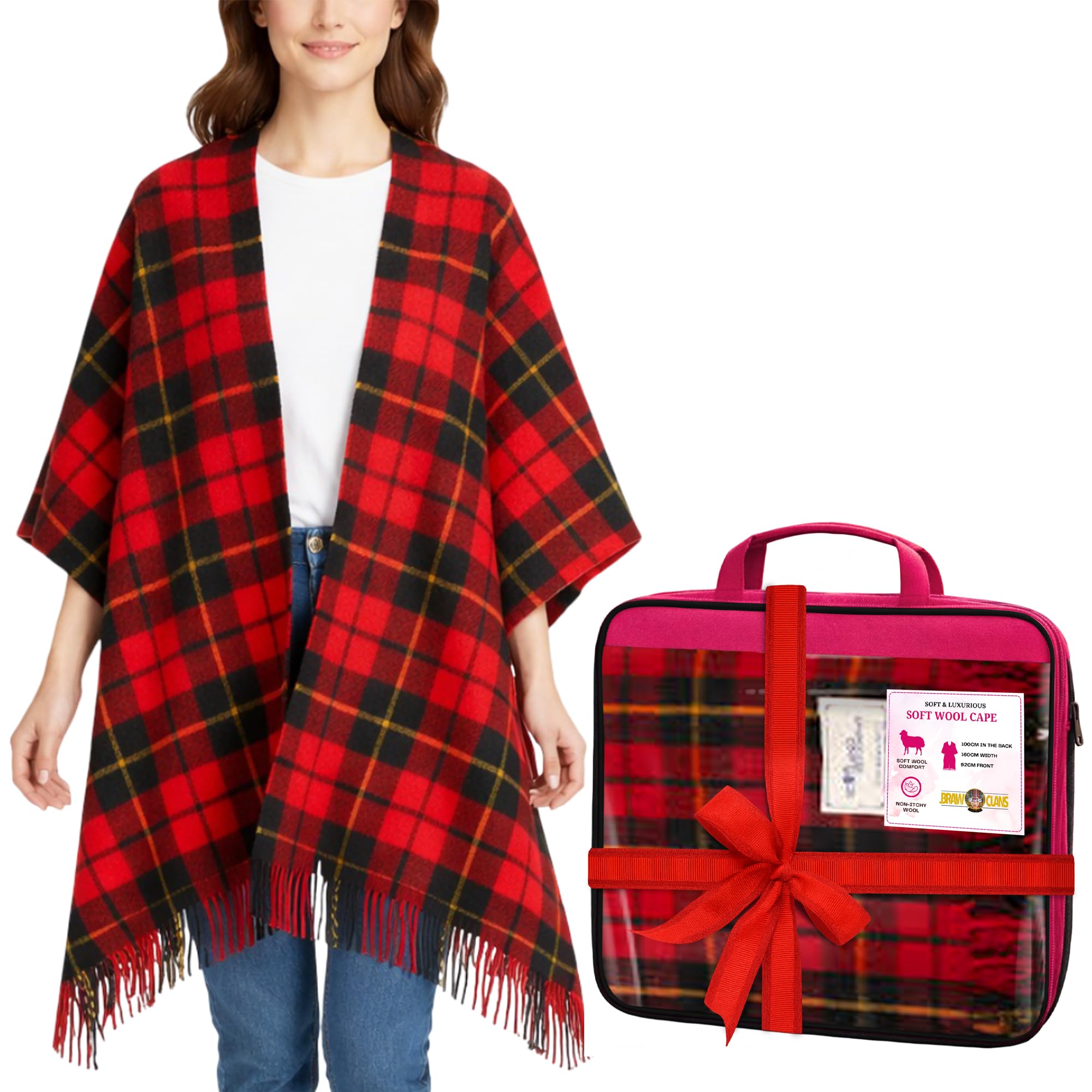 BRAW CLANS TARTANS Soft wool Tartan Poncho Blanket cape made in Scotland - Ruana cloak style - full body shawl - Mothers day Gift - Home, Travel, Camping - Wallace Red Tartan